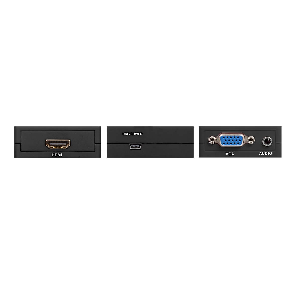 Tři vstupy vedle sebe: HDMI, USB-napájení a VGA s audiem.