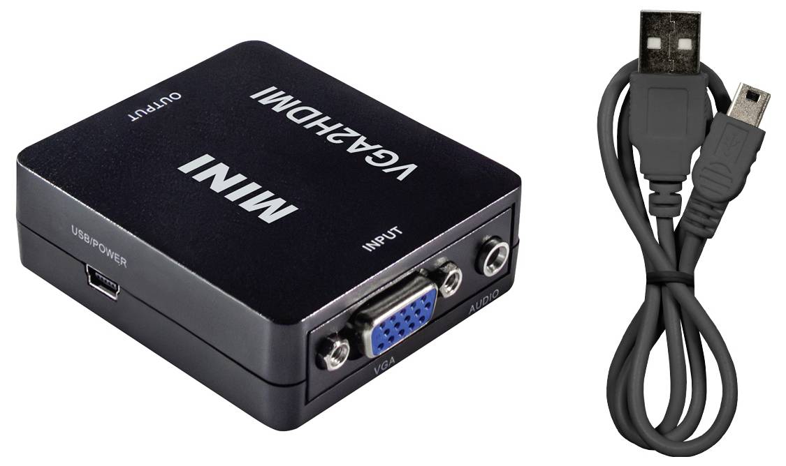 Černený mini VGA-HDMI konvertor s USB napájecím kabelem, zobrazující vstupy pro VGA a audio.