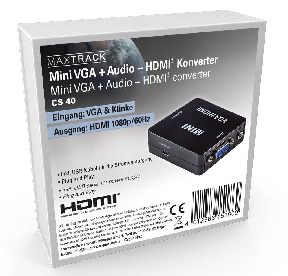 Krabice miniaturního VGA + Audio konvertoru do HDMI, zobrazující zařízení s konektory. Text: 'Vstup: VGA & Jack', 'Výstup: HDMI 1080p/60Hz'.