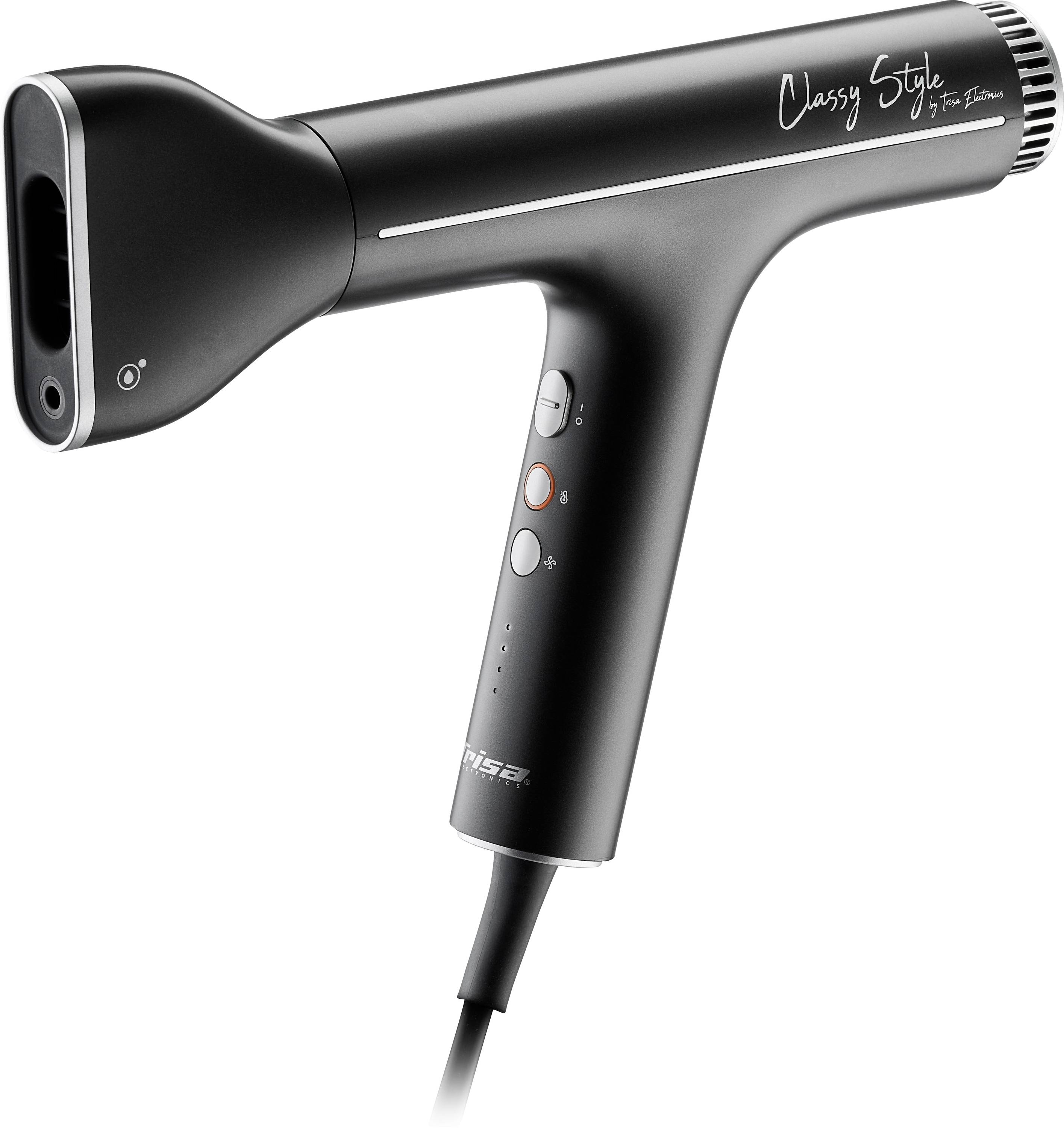 Černý fén s nápisem 'Classy Style'. Má ergonomickou rukověť s ovládacími prvky na přední straně.
