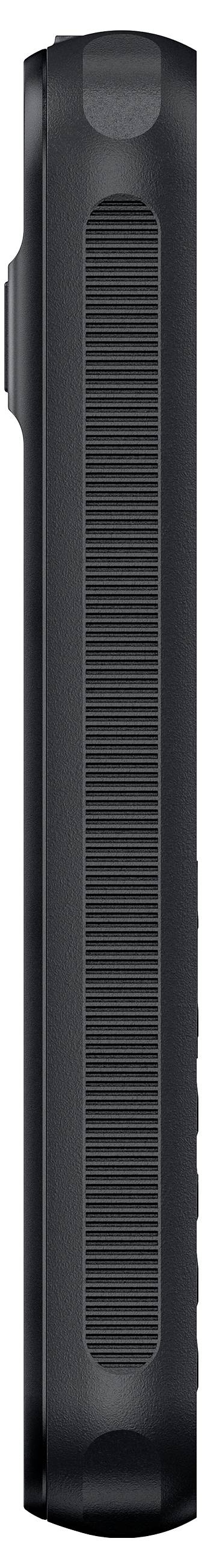 Černý smartphone, zobrazený z boku, s texturovaným úchopem a zaoblenými hranami.