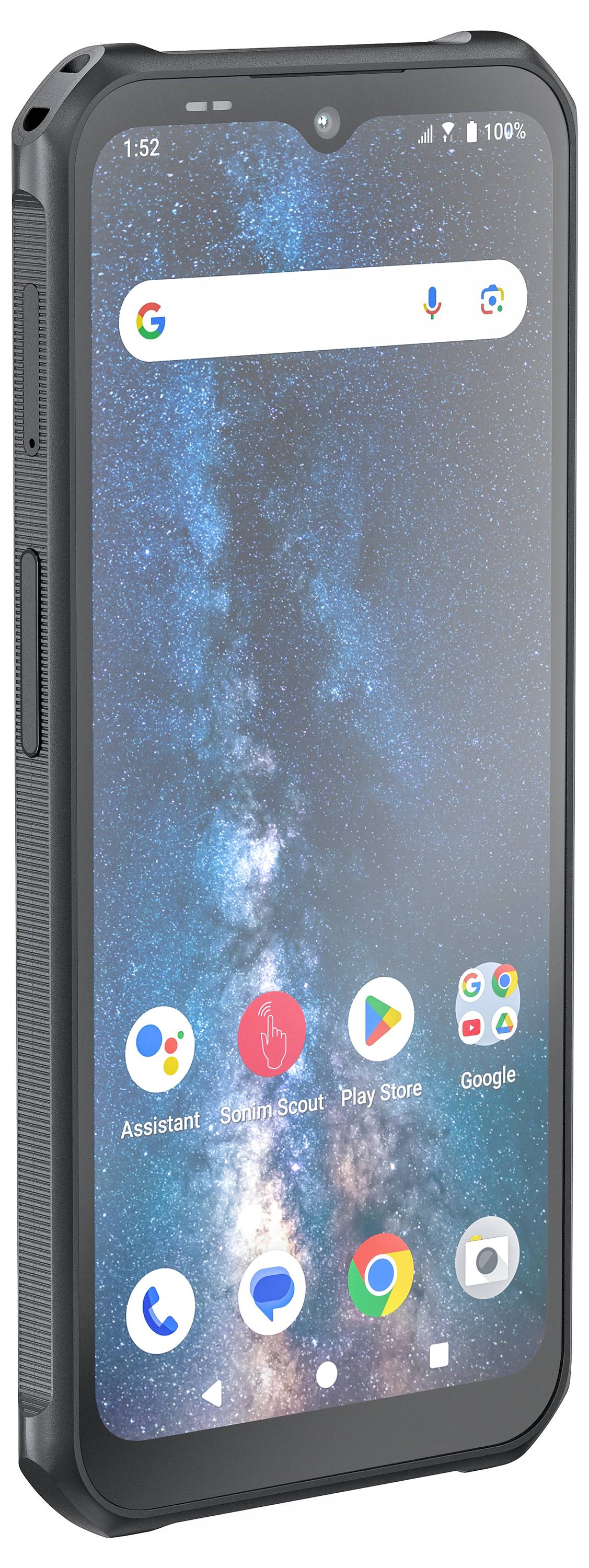Smartphone s odolným pouzdrem a několika aplikacemi na obrazovce, včetně 'Google Assistant', 'Play Store' a 'Google Maps'.