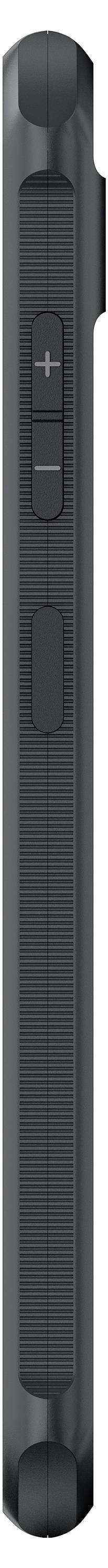 Černý, válcovitý soundbar s pohledem shora. Pouzdro má uprostřed tlačítko s symboly '+' a '-'.