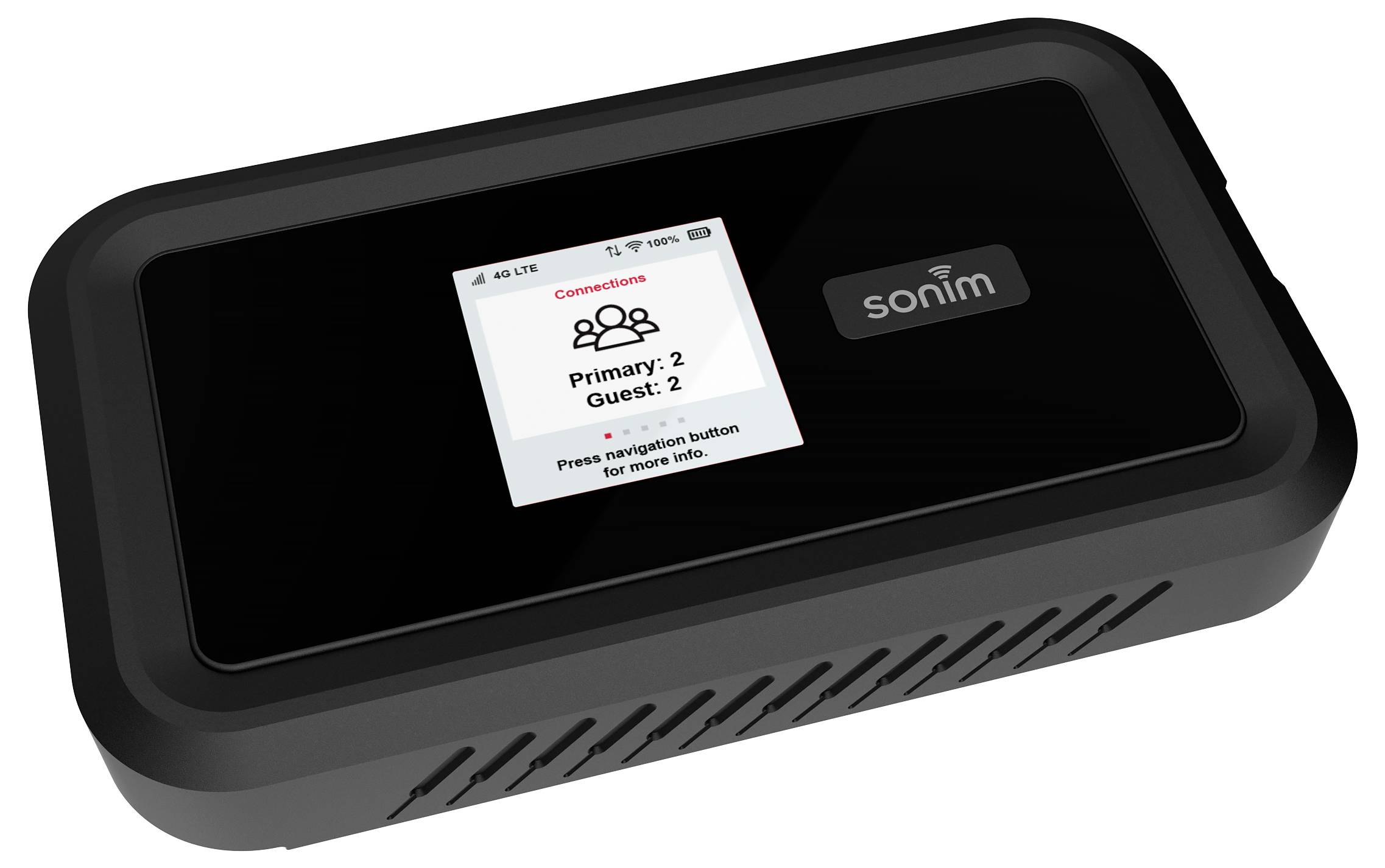 Černý mobilní WiFi router zobrazuje na displeji připojení: 'Primární: 2, Host: 2'. Nahoře je napsáno 'Sonim'.