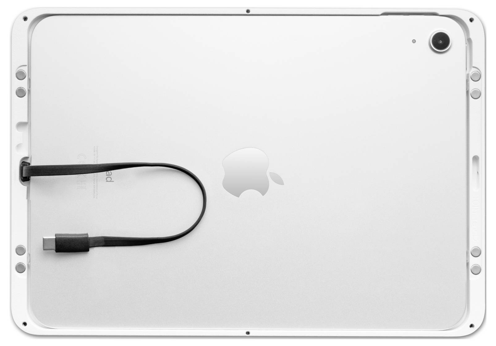 Tablet leží zadní stranou nahoru. Na něm leží USB-C kabel. Uprostřed je viditelné logo jablka.