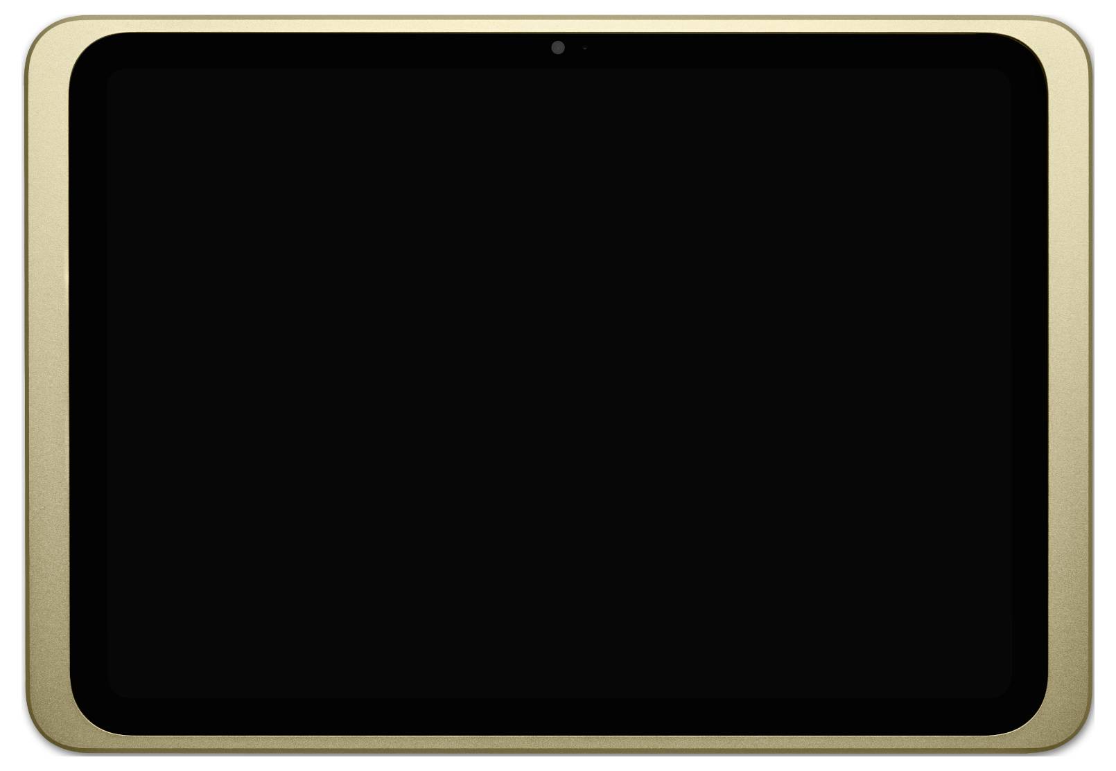 Tablet se zlatým rámečkem a černou obrazovkou, pohled zepředu.