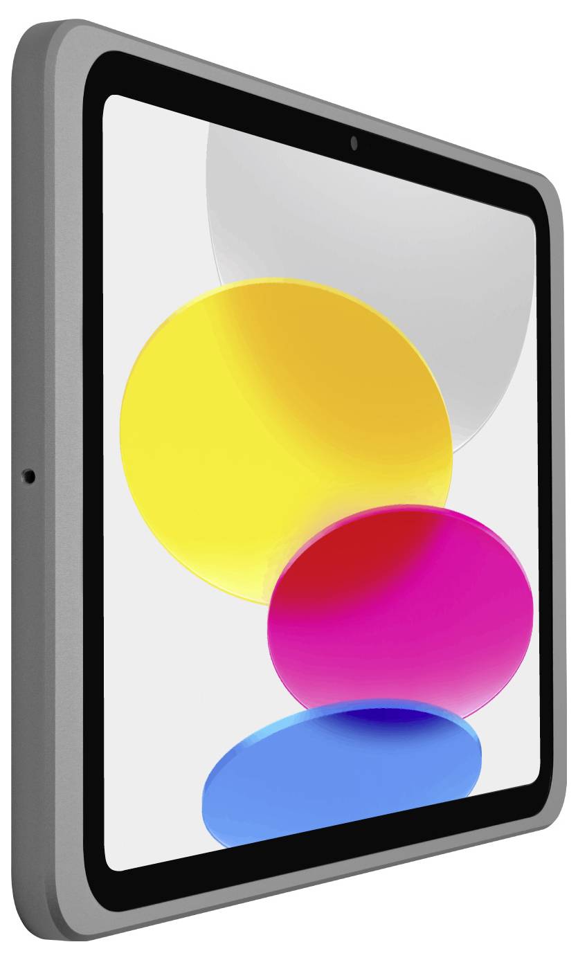 Tablet s barevnou obrazovkou, zobrazující kruhovité žluté, růžové, modré a šedé tvary, zachycené z bočního pohledu.