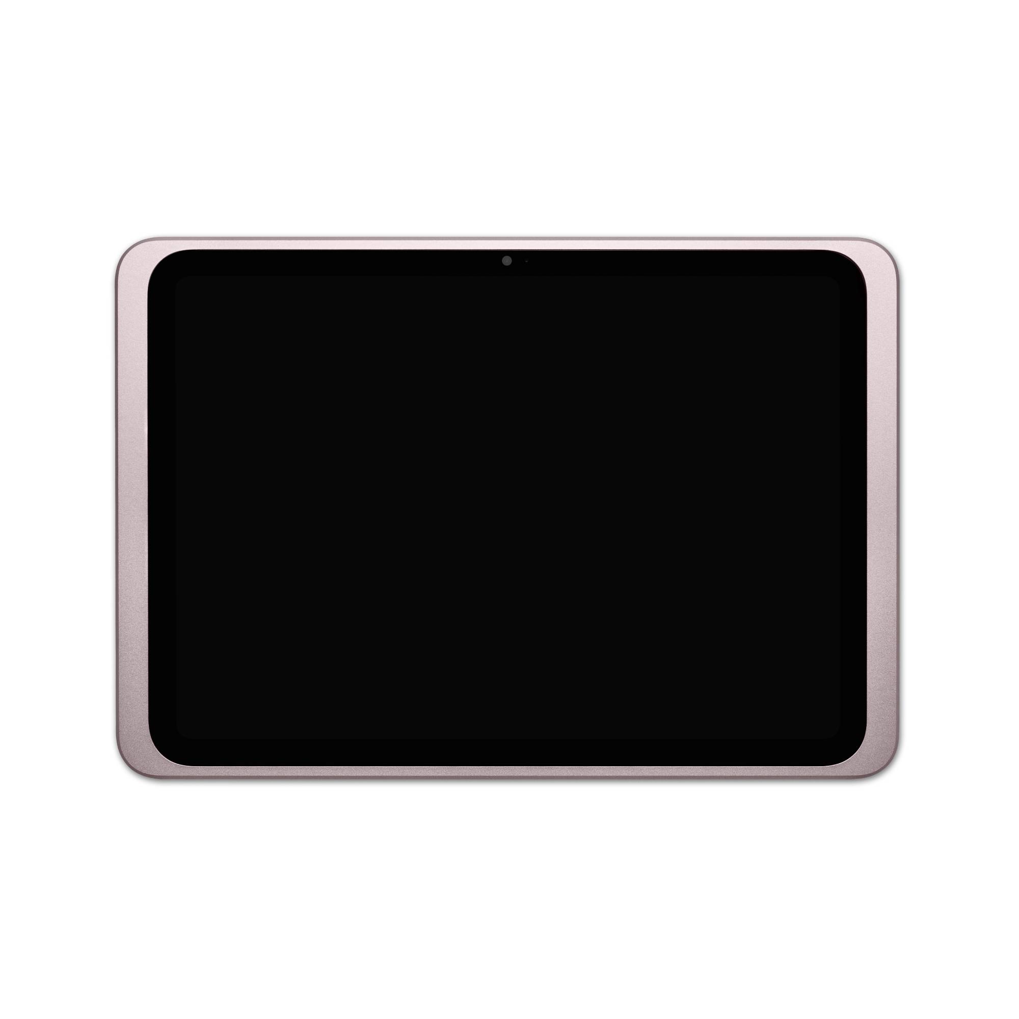 Tablet s černou obrazovkou a růžovým rámečkem, umístěné vertikálně.