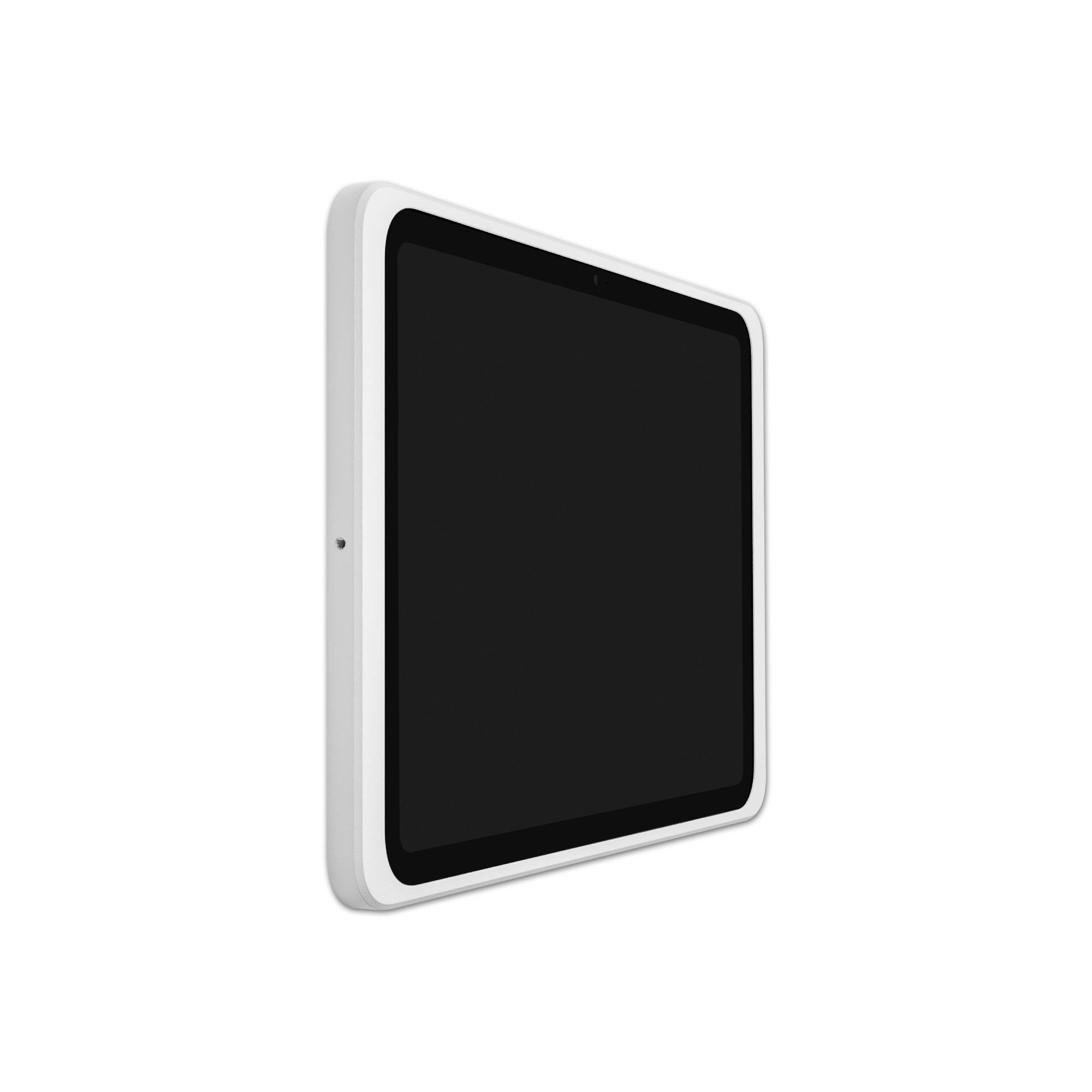 Tablet s bílým rámečkem a černou obrazovkou, zobrazený z boku.