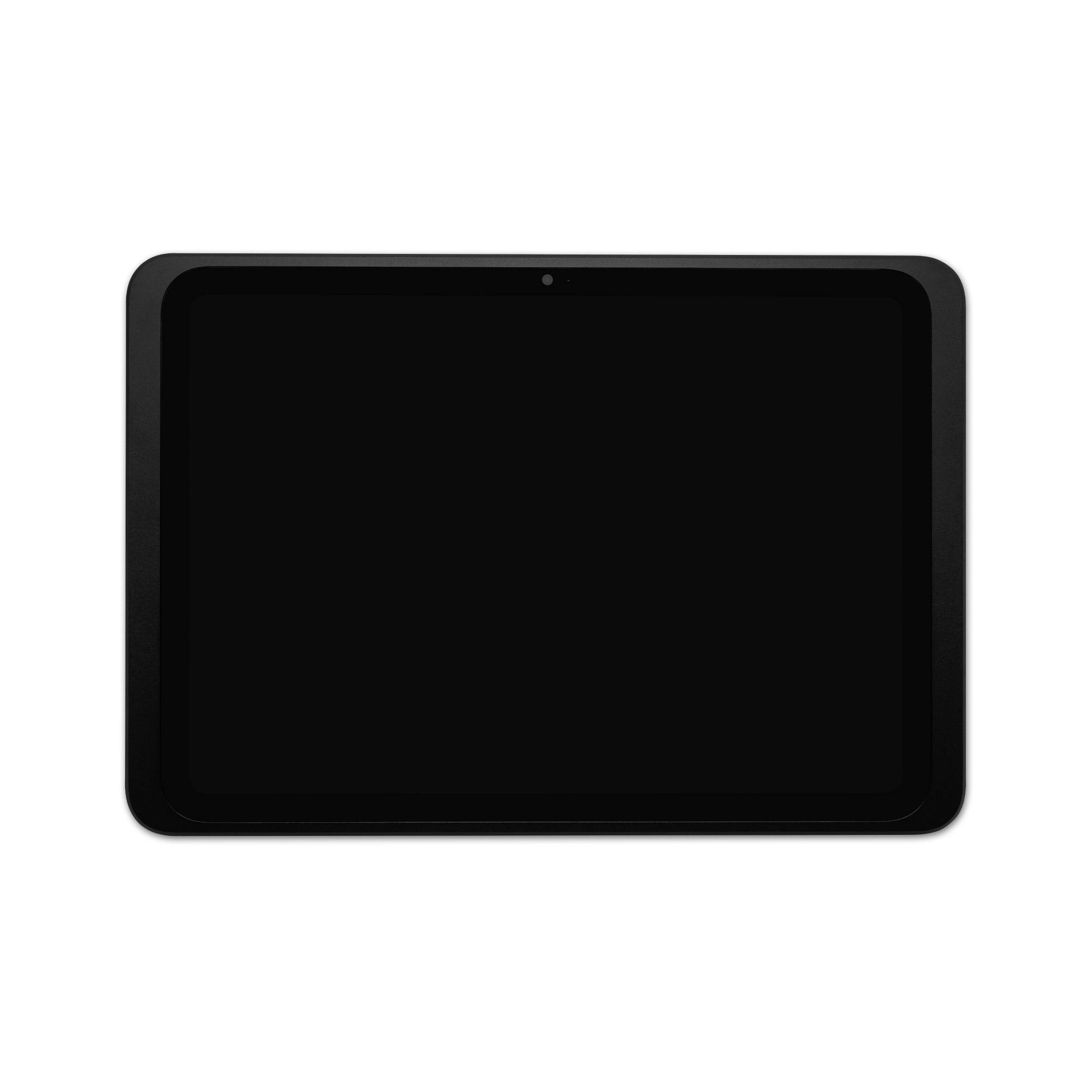 Černý tablet s rozsvícenou obrazovkou, který nezobrazuje žádný viditelný obsah nebo aplikace. Primárně slouží jako pozadová displej.