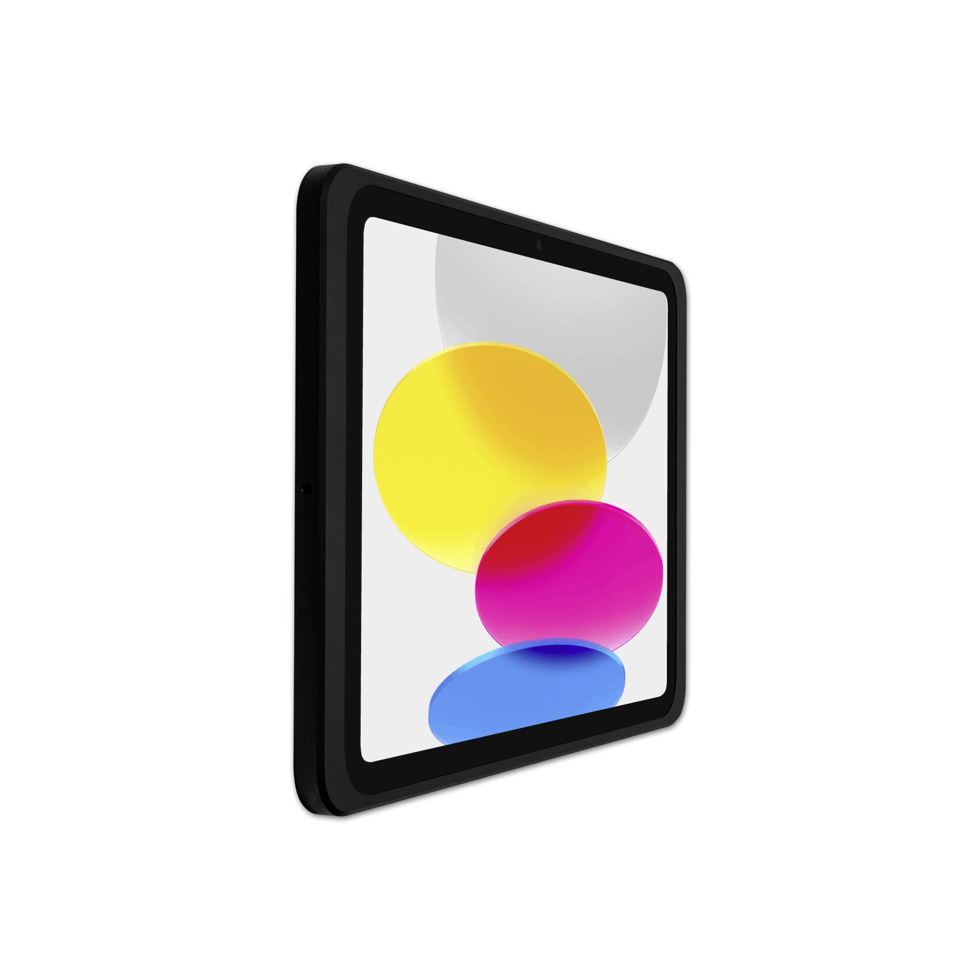 Tablet s černým tělem zobrazuje displej s barevnými kruhy v žluté, růžové a modré barvě na šedém pozadí.