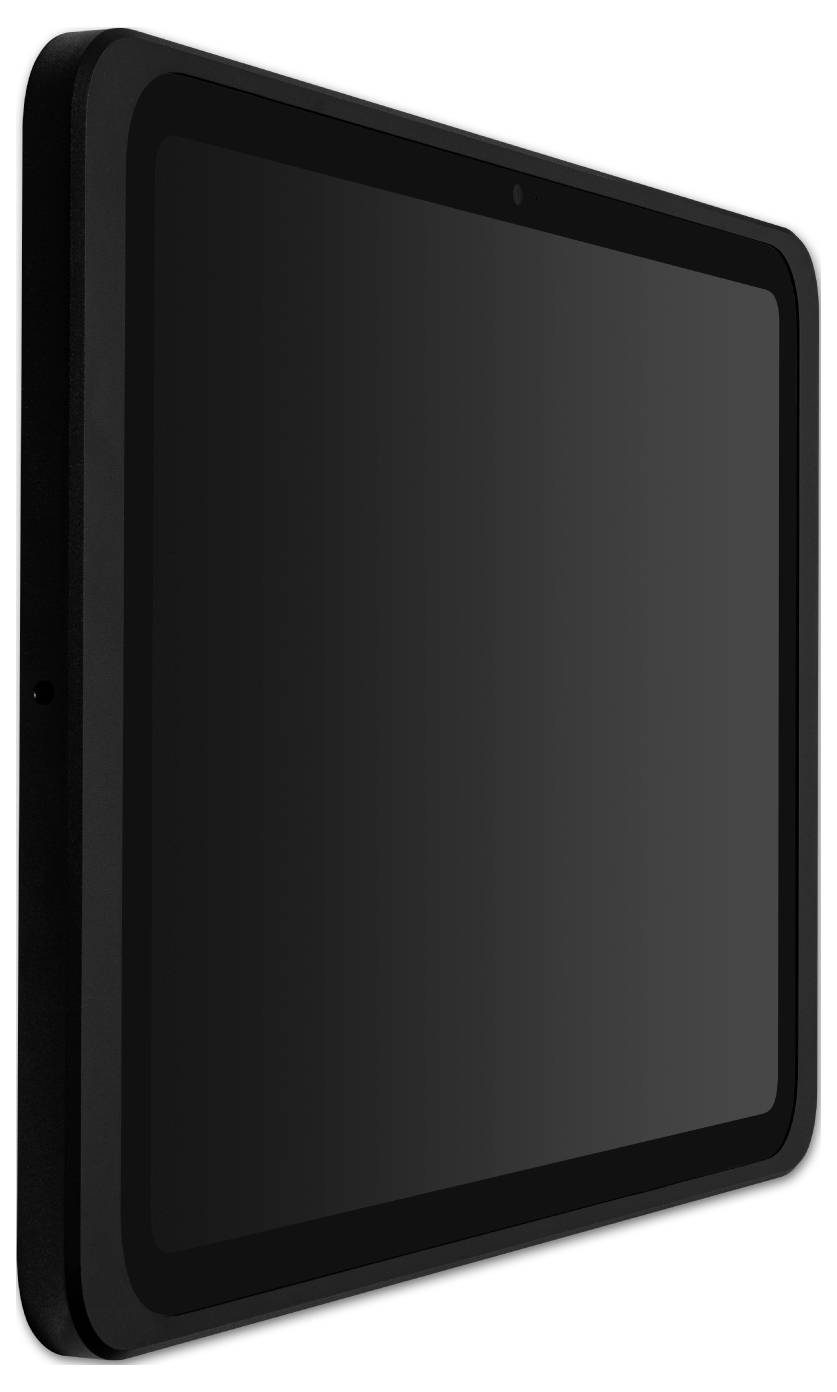 Černý, vypnutý tablet s tenkým rámečkem, zobrazený z boku. Displej je tmavý a odráží světlo.