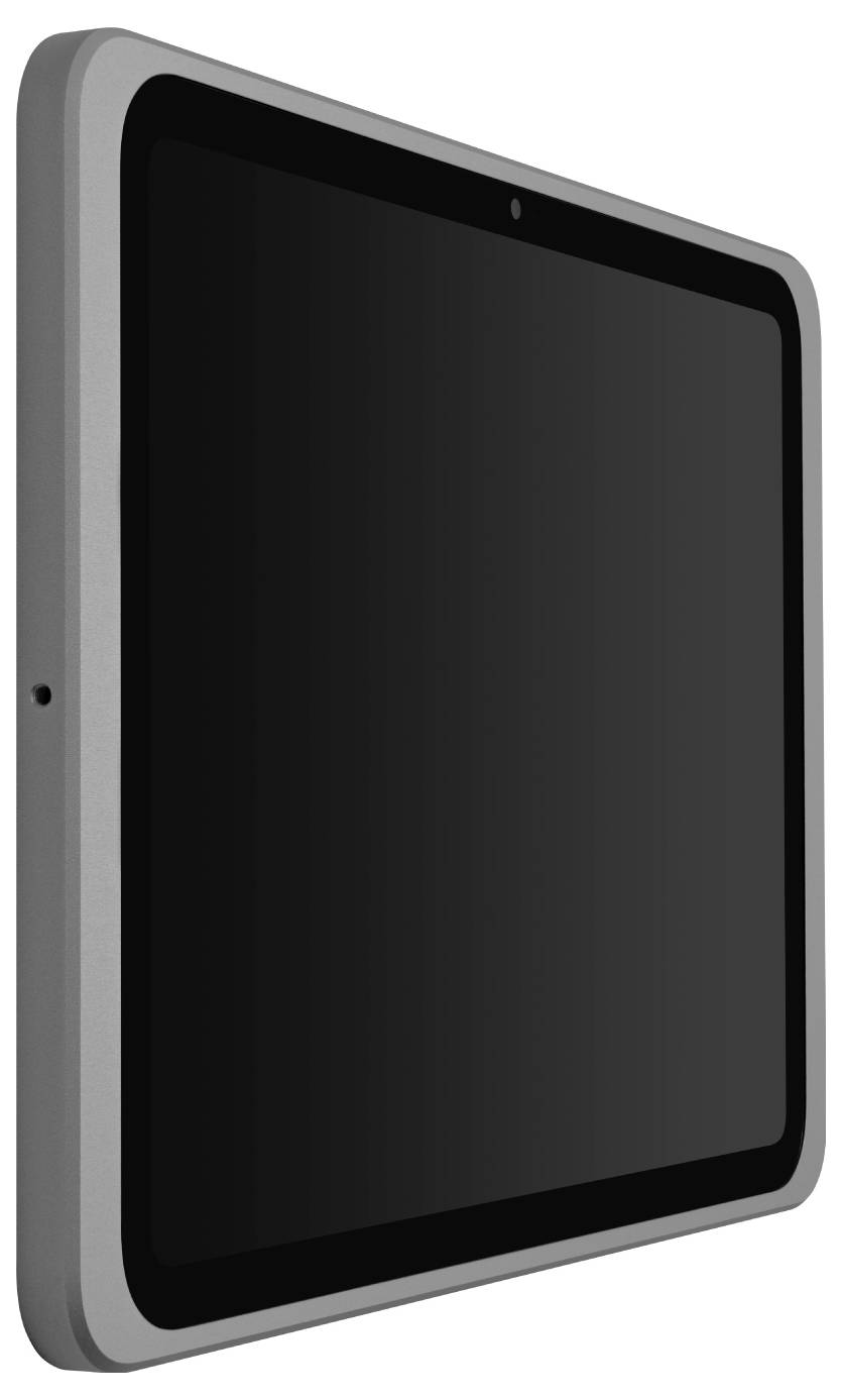 Stříbrný tablet s černou obrazovkou, zobrazený z bočního pohledu. Žádné viditelné logo nebo text.