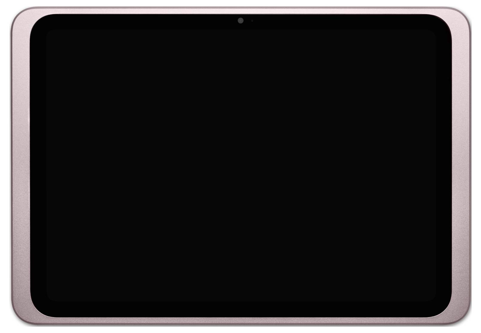Tablet s rámečkem v barvě růžového zlata, černou obrazovkou a fotoaparátem umístěným uprostřed nahoře.