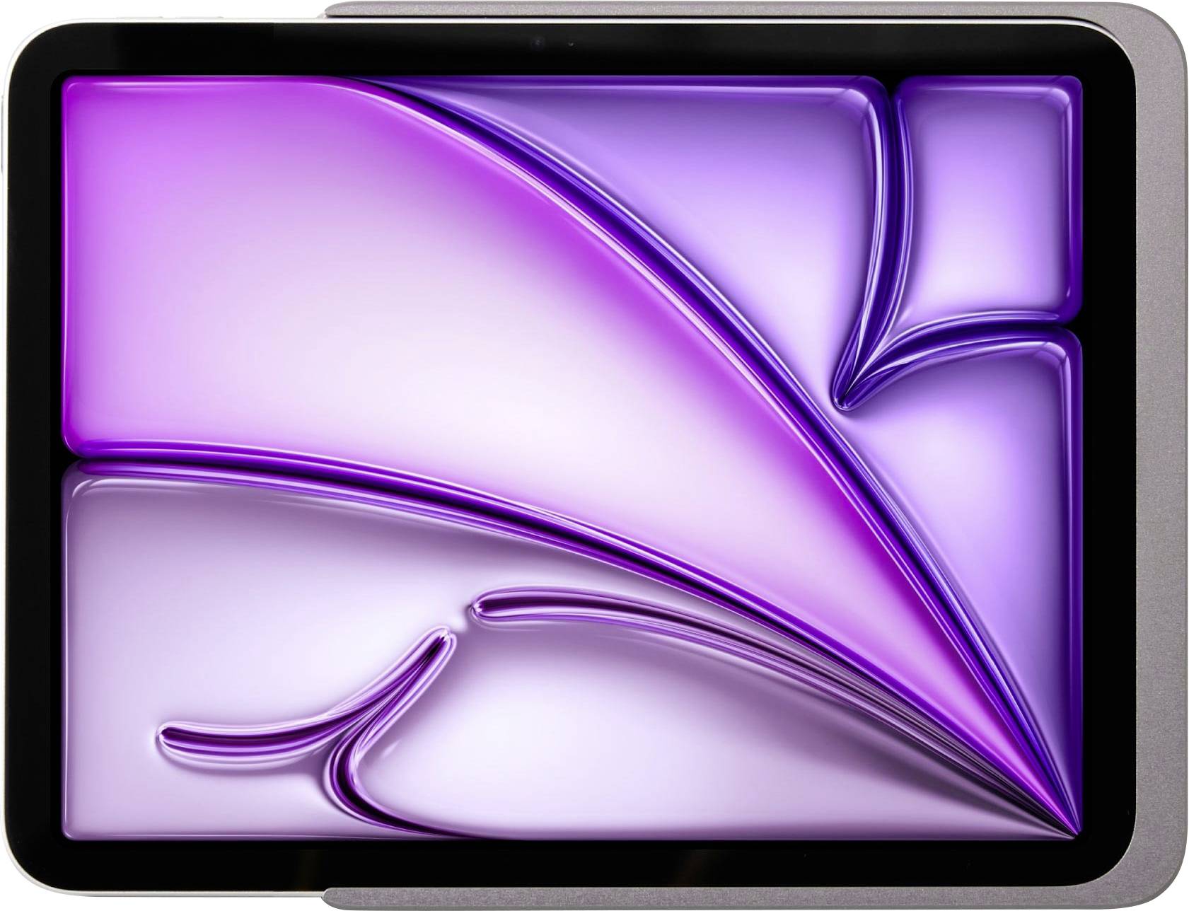 Tablet s fialovým abstraktním pozadím. Design ukazuje tekoucí linie a křivky na obrazovce.