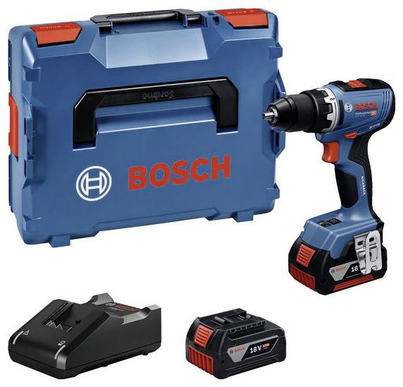 Sada akumulátorového šroubováku s modrou transportní boxy Bosch, nabíječkou a 18V akumulátorem.