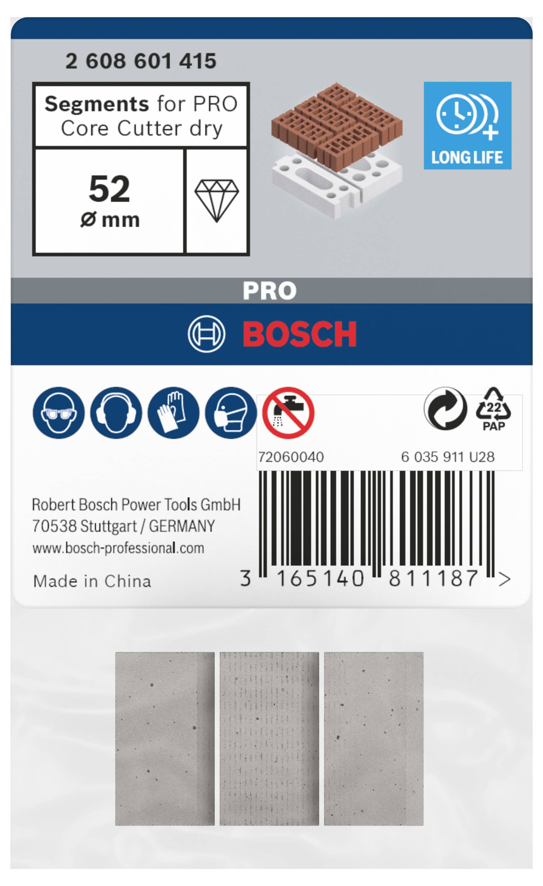 Bosch segmenty pro PRO jádrové vrtáky na sucho, 52 mm. Longlife. Obrázek vrtacího segmentu na cihlové kostce. Žádná manipulace bez nářadí.