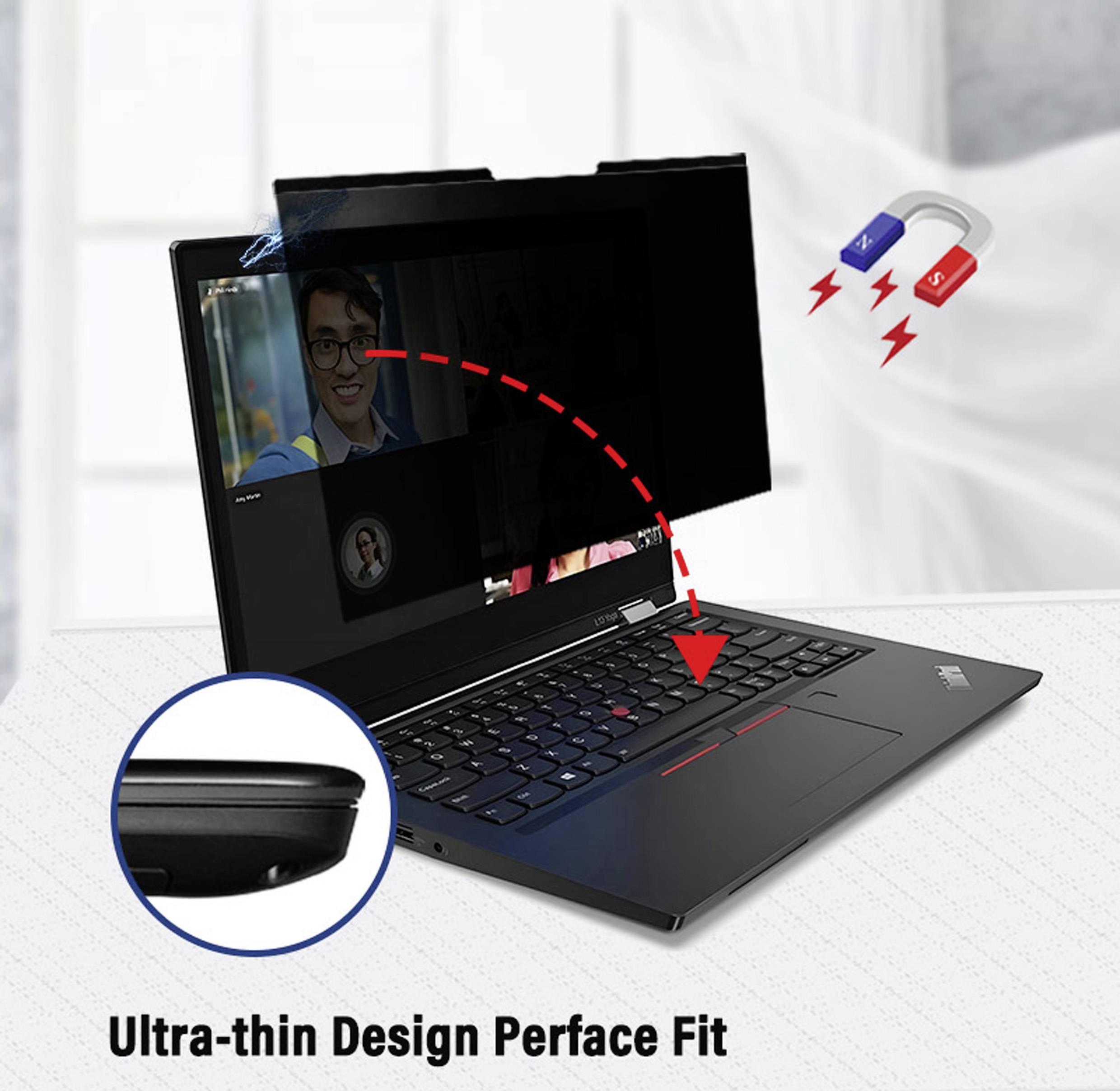Notebook s filtrem chránícím soukromí, který chrání obrazovku před pohledy z boku. Magnet drží filtr na svém místě.