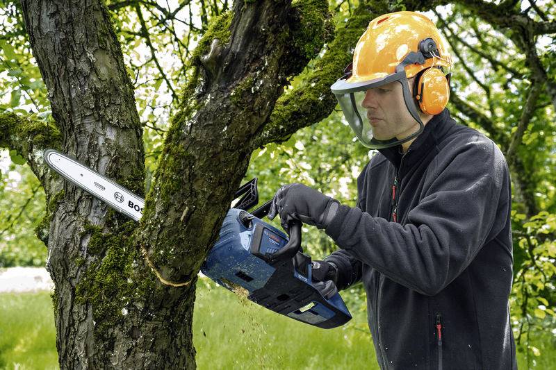 Muž s ochrannou přilbou a chrániči sluchu řeže větev ze stromu.