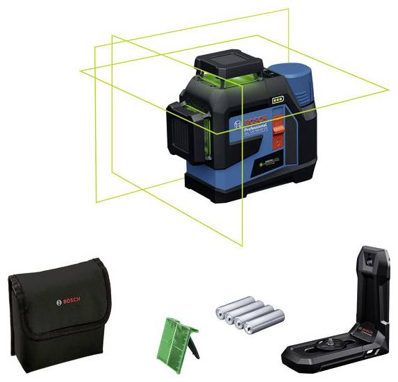 Laserový nivelační přístroj Bosch postaven, zobrazuje zelené 360° linky. Obsahuje pouzdro, zelenou cílovou desku, baterie a držák. Ideální pro přesná měření.
