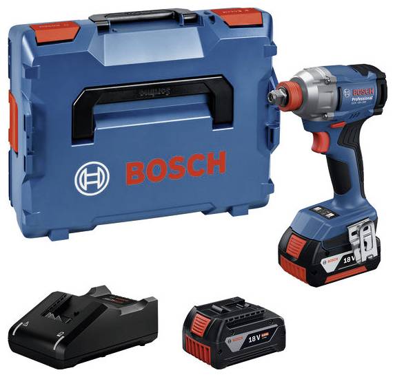 Akumulátorový rázový šroubovák vedle přepravního kufříku, akumulátoru a nabíječky. Nápis 'Bosch' na kufříku a nástroji. Ideální pro domácí kutilské projekty.