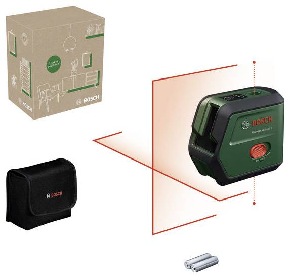 Bosch laserová vodováha se zeleným balením, červenou laserovou linkou, černou taškou a dvěma bateriemi pro přesné vyrovnání.