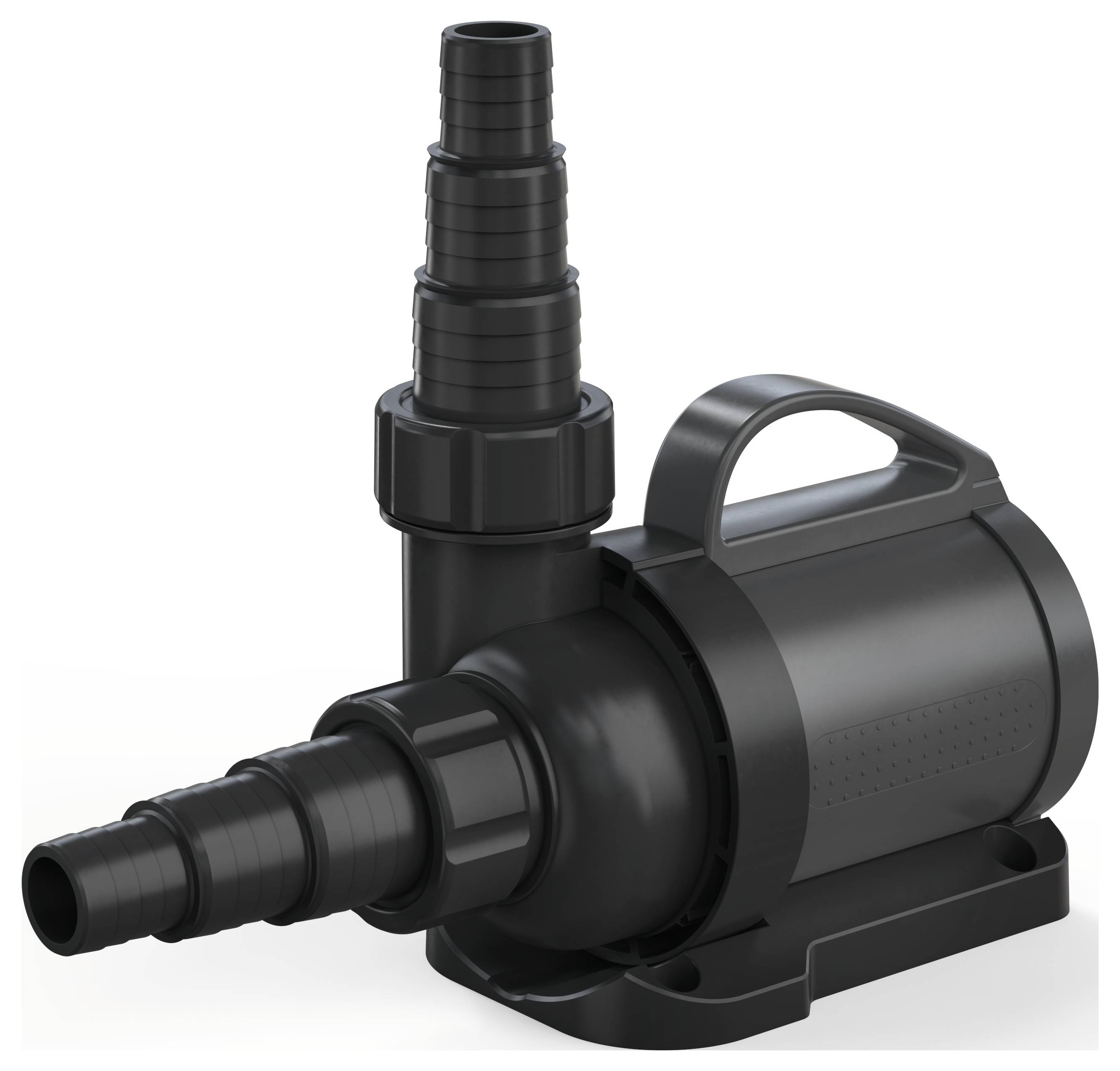Černé vodní čerpadlo s kompaktním designem je vybaveno rukojetí pro snadnou přepravu a dvěma přípojkami pro hadice, což je ideální pro akvária nebo malé rybníčky.