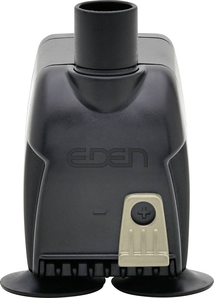Černošedá akvarijní vodní pumpa značky 'EDEN' s ovládacím knoflíkem a přísavkovými nožkami.