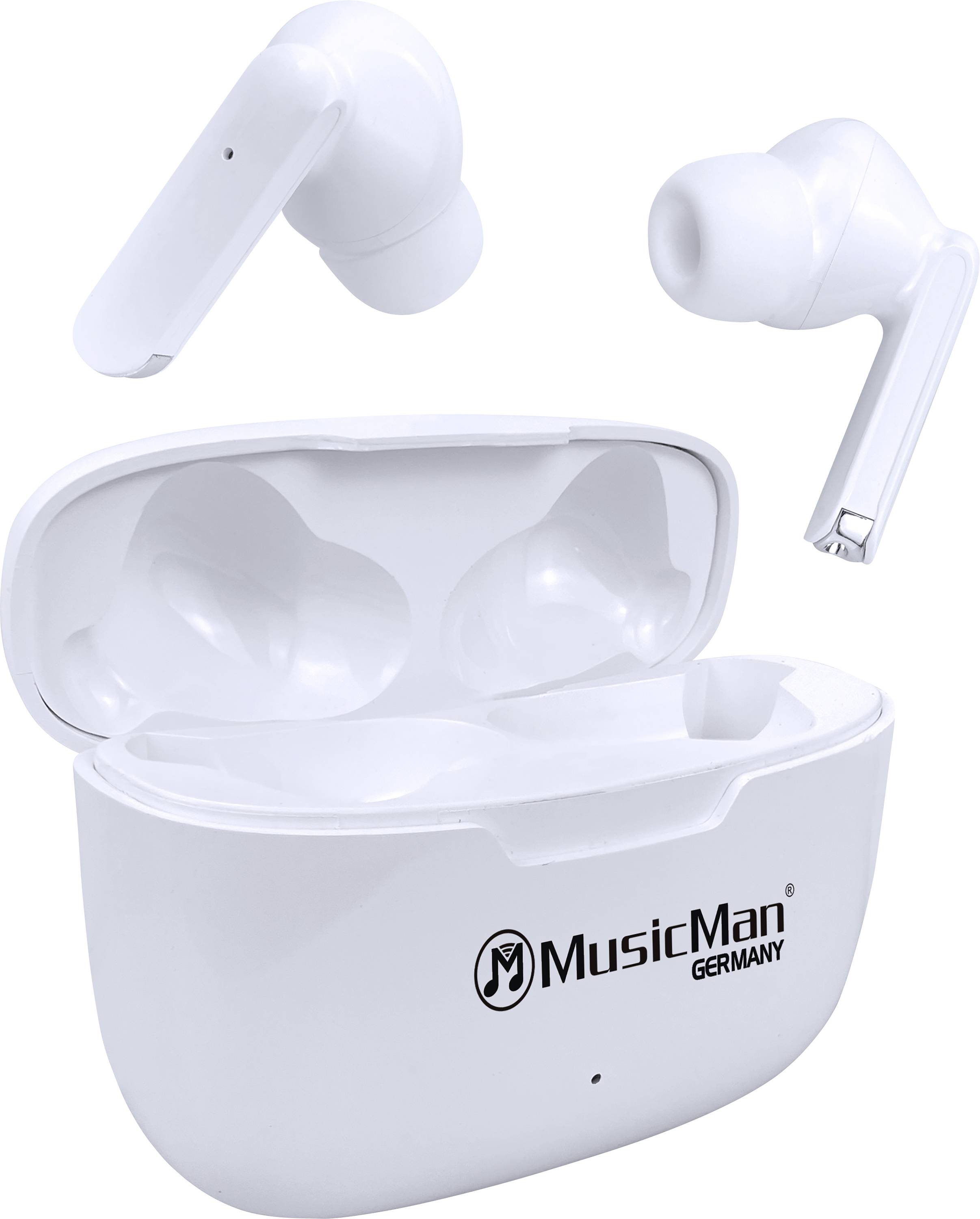Bílé bezdrátové in-ear sluchátka s otevřeným nabíjecím pouzdrem. Firemní text 'MusicMan Germany' na přední straně pouzdra.