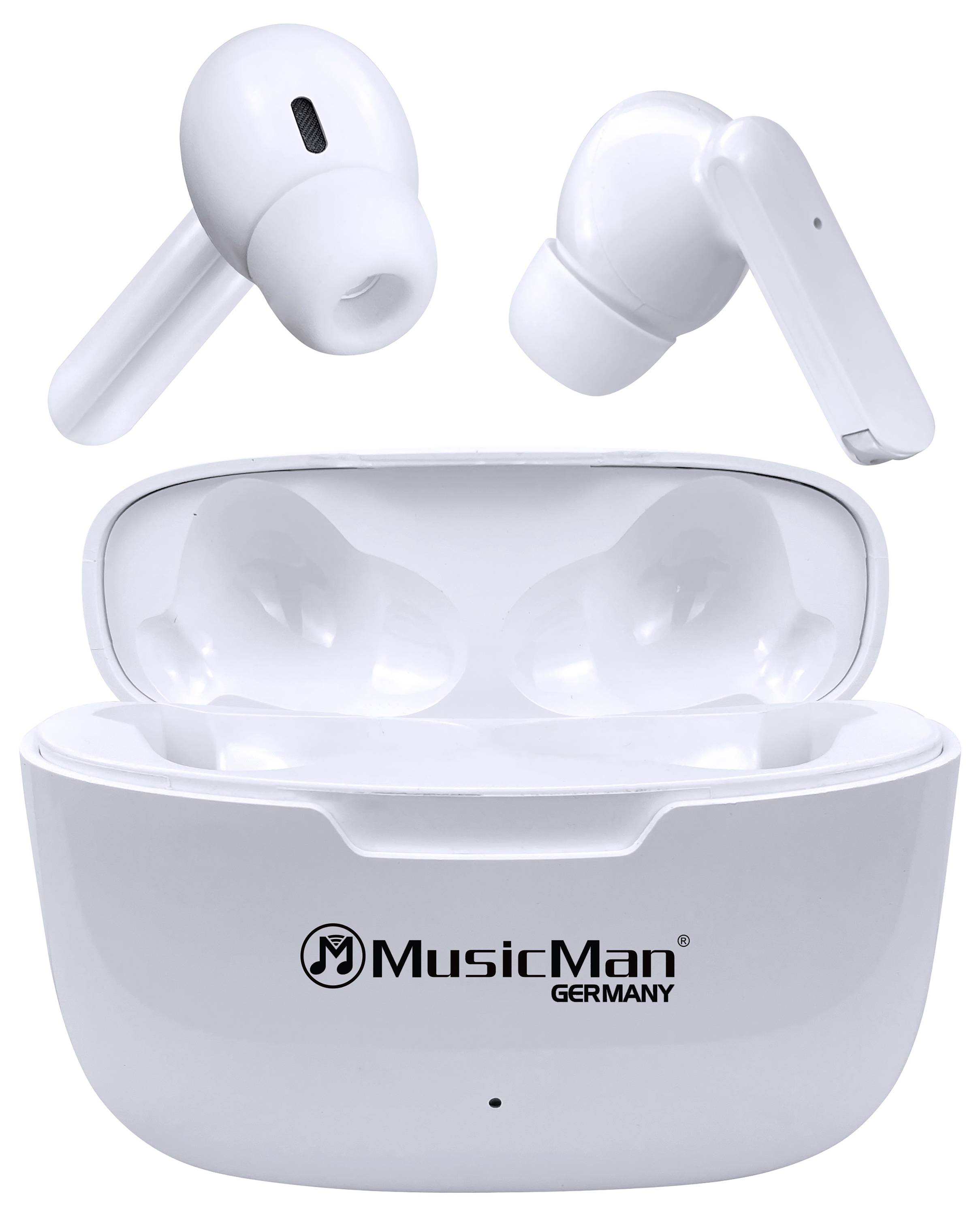 Bílé bezdrátové sluchátka MusicMan s nabíjecím pouzdrem. Sluchátka jsou navržena pro bezdrátové poslechové zážitky a přenosné nabíjení.