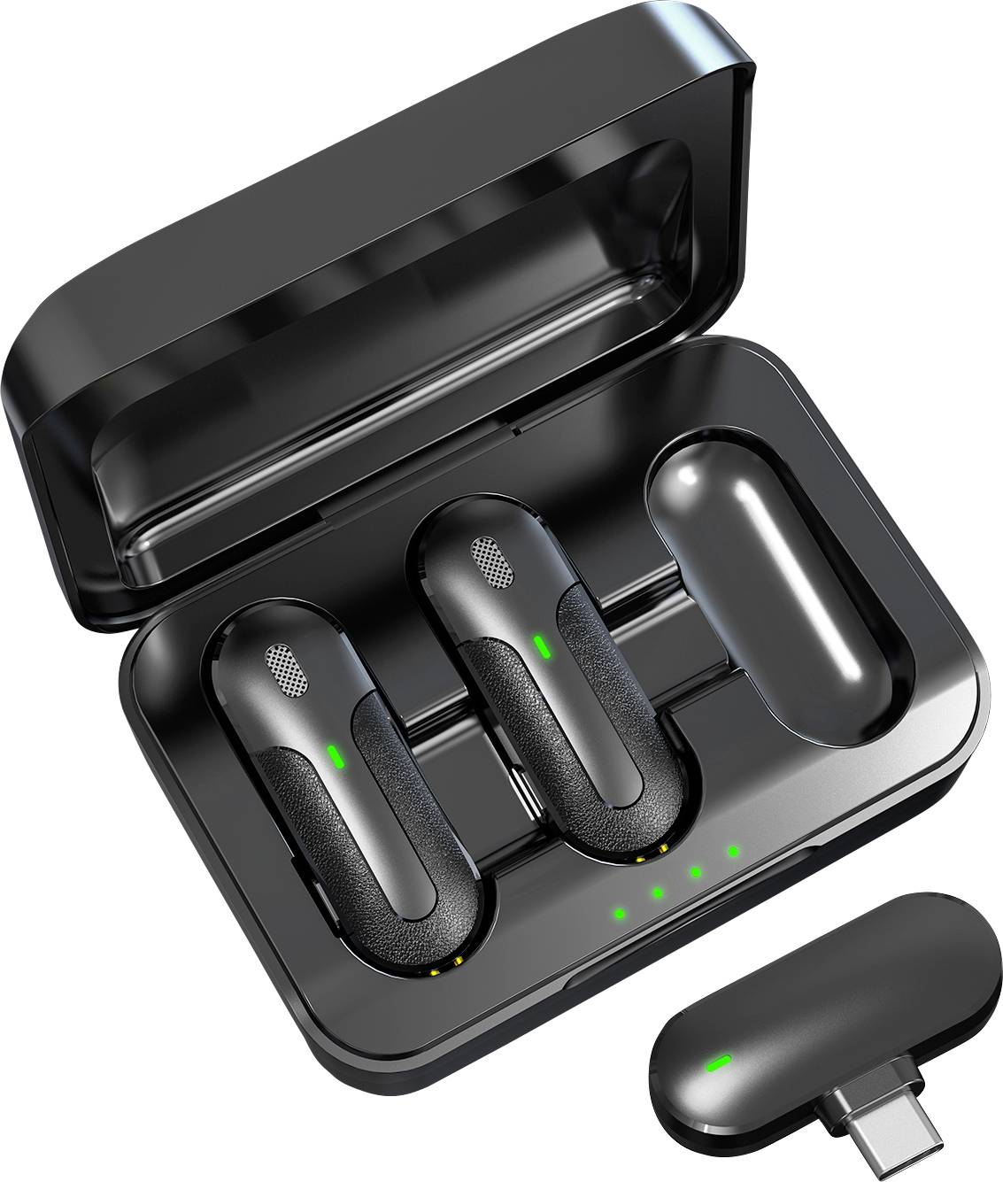 Černá bezdrátová sluchátka v otevřené nabíjecí krabičce s USB-C nabíječkou, zobrazující stav nabití pomocí zelených LED indikátorů.