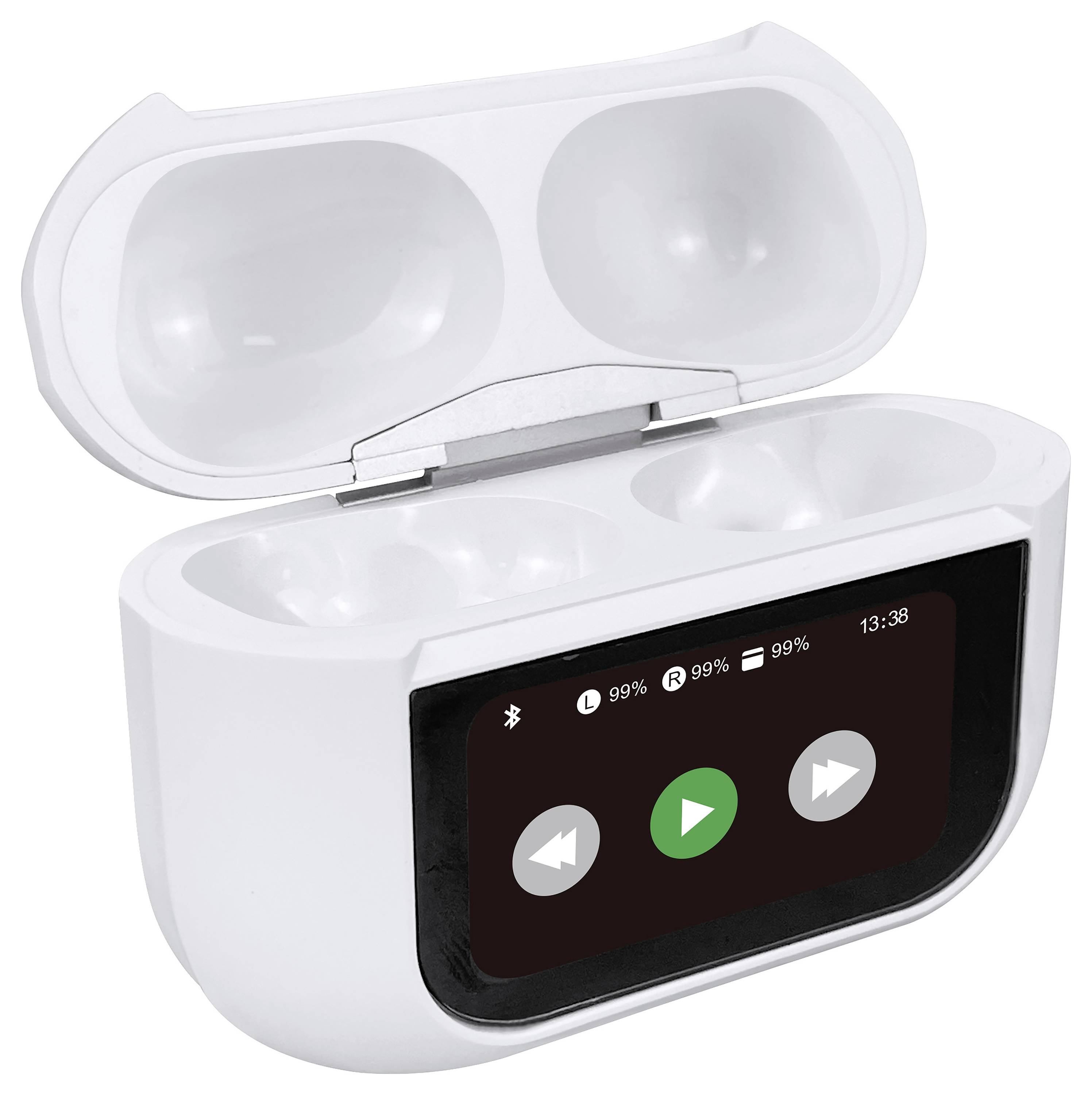 Bílé bezdrátové sluchátky v otevřeném nabíjecím pouzdře s digitálním displejem, který zobrazuje stav baterie, připojení Bluetooth a čas.