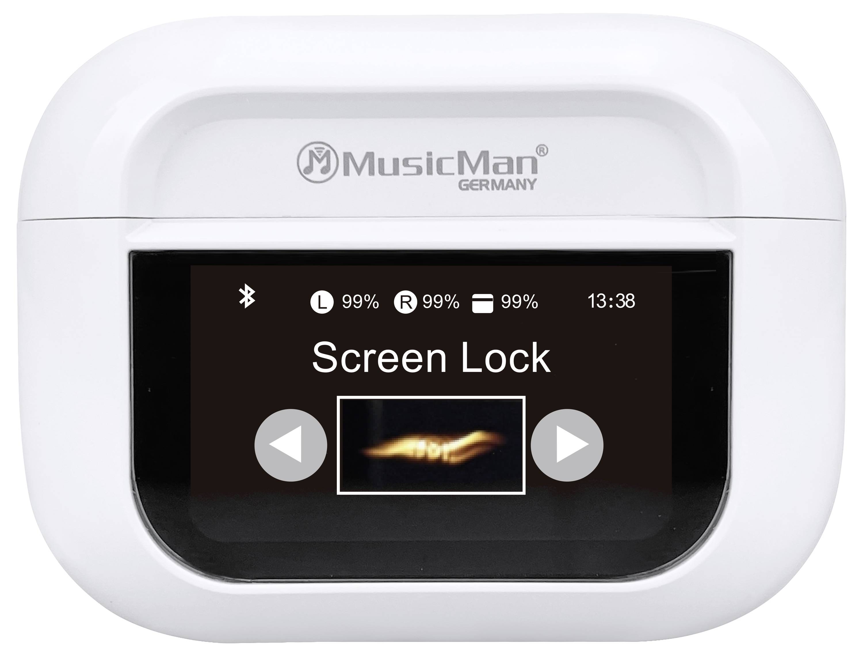 Obrázek ukazuje přenosné hudební zařízení od společnosti MusicMan Germany. Na displeji je zobrazeno 'Screen Lock' s ikonami přehrávání a indikátoru baterie.