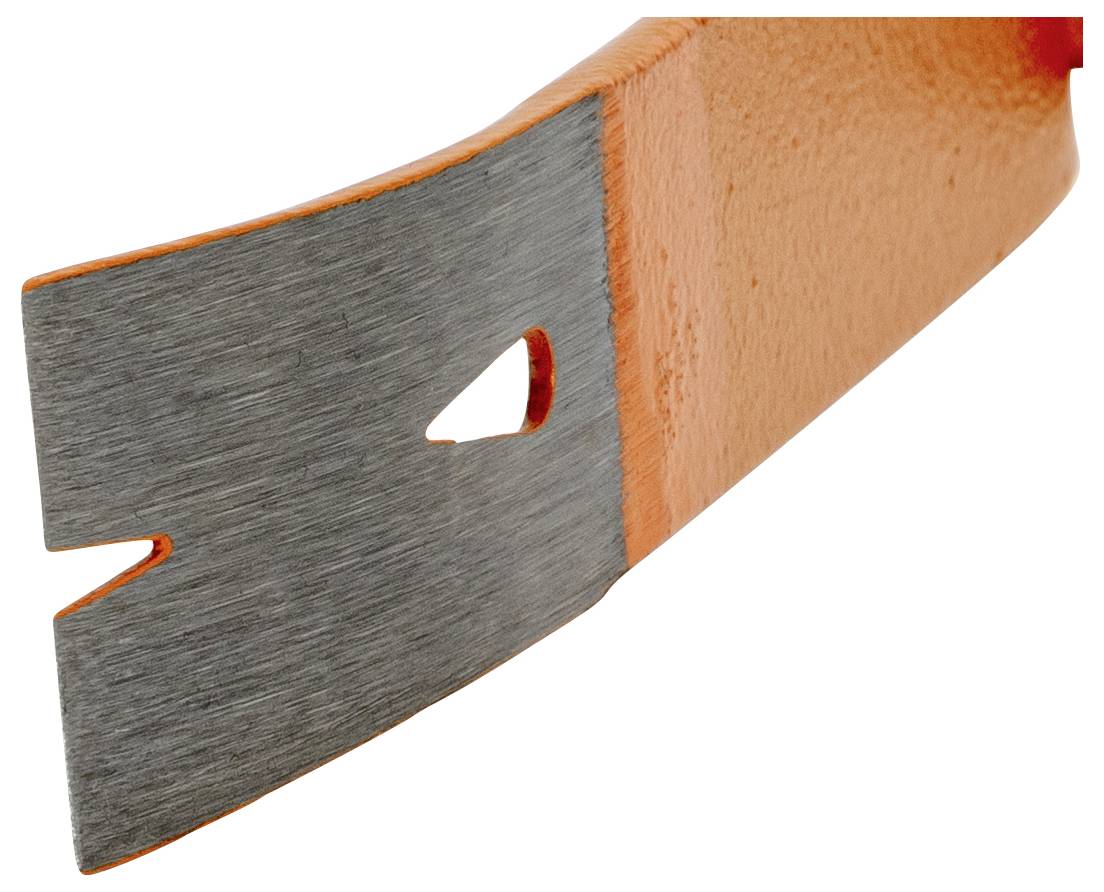 Oranžová, zakřivená kovová součást s broušeným ocelovým koncem a otvorem ve tvaru klíčové dírky. Pravděpodobně řezný nástroj.