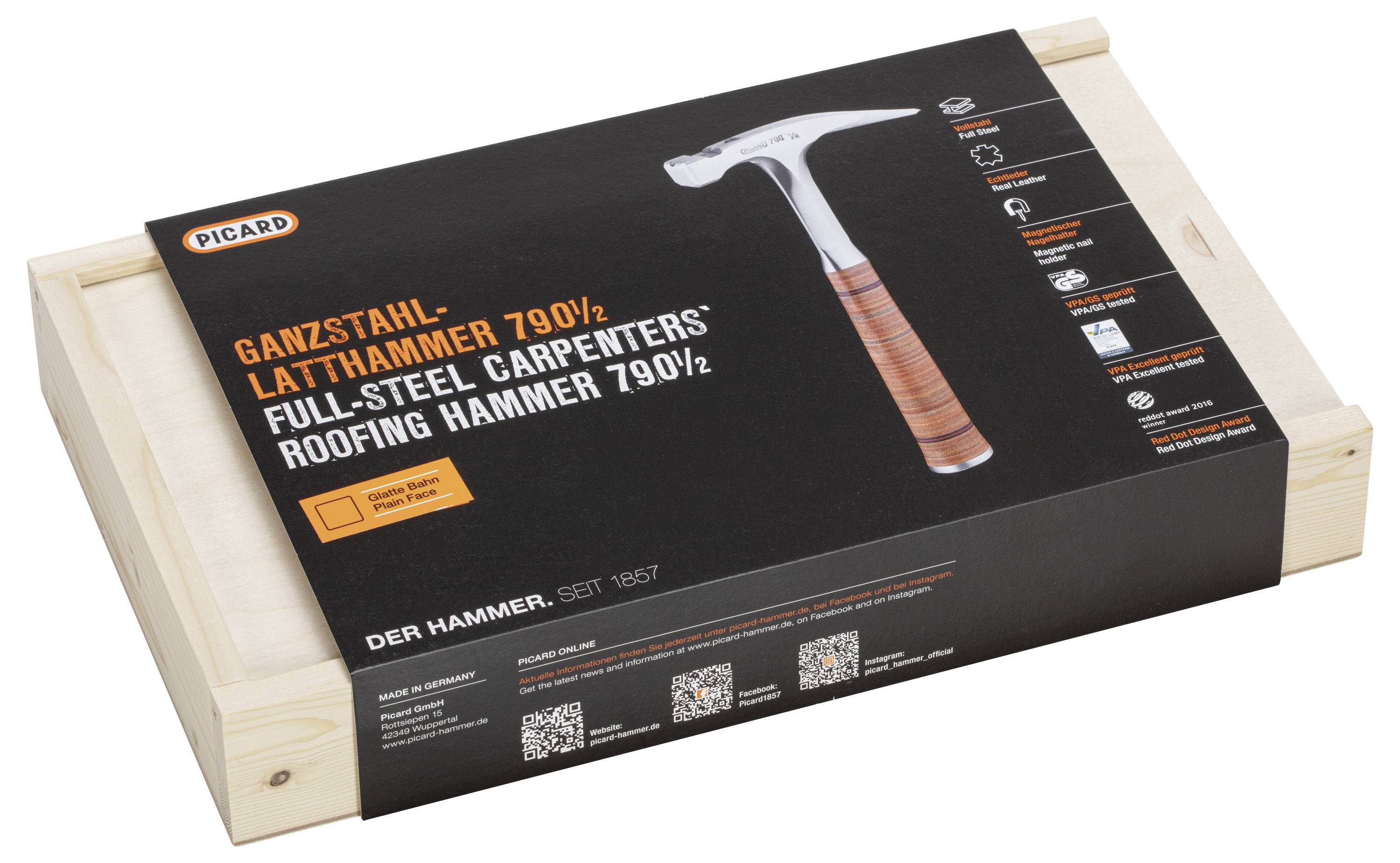 'GANZSTEEL LATTENHAMMER 790½', balení kladiva z oceli a dřeva s obrázkem kladiva. Balení zobrazuje firemní logo 'PICARD'.
