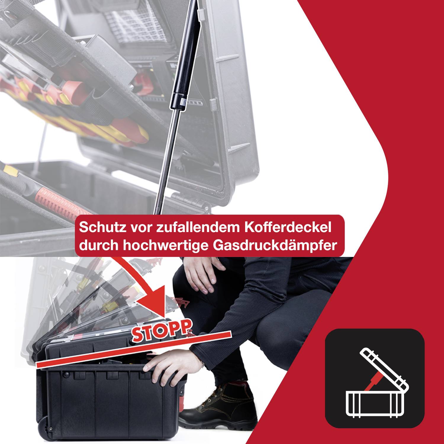 Plynový tlumič udržuje víko kufru otevřené a chrání před náhodným zavřením. Obsahuje bezpečnostní varování a funkční grafiku.