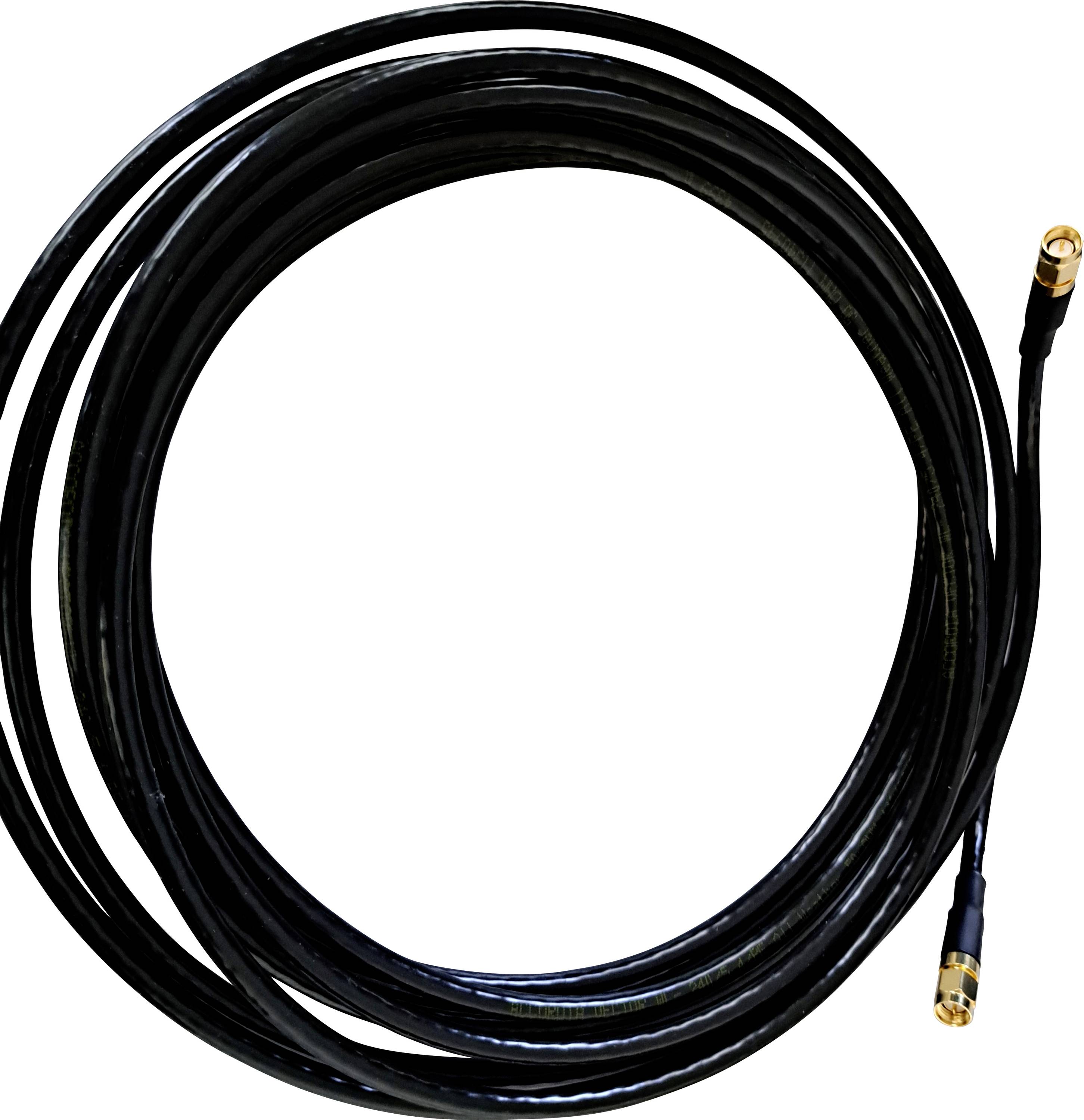 Dlouhý černý koaxiální kabel se zlatými konektory na obou koncích, svinutý do kruhu.