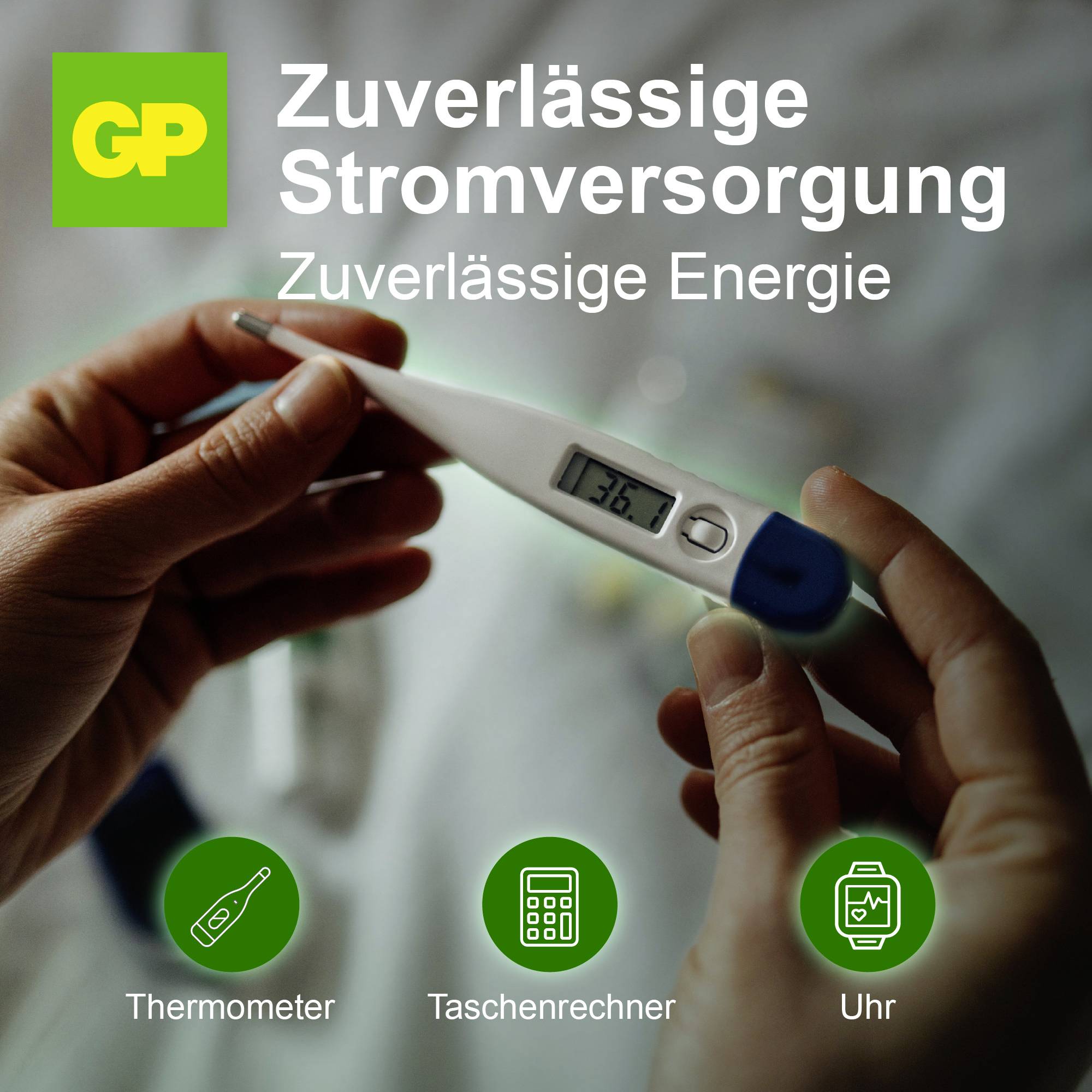 Reklama na „Spolehlivé zásobování elektřinou" s logem GP; ruce drží digitální teploměr, pod ním symboly teploměru, kalkulačky a hodin.