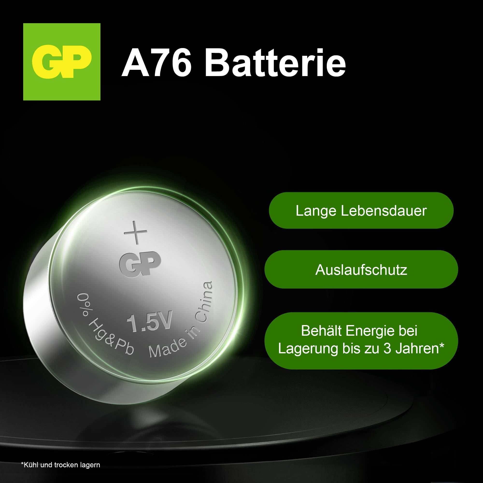 Reklamní obrázek baterie GP A76 s textem „Dlouhá životnost", „Ochrana před únikem" a „Udržuje energii při skladování až 3 roky*"; 1,5 V, vyrobeno v Číně.