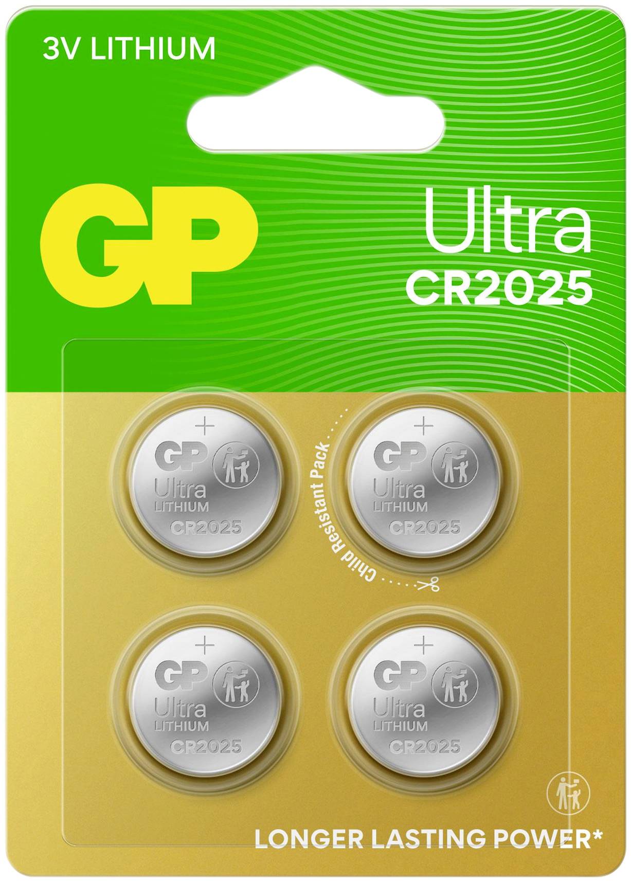 CR2025 baterie GP Ultra, 3V lithiové, balení 4 kusů. Obal: zelený povrch, nápis "DELŠÍ VÝDRŽ" dole.