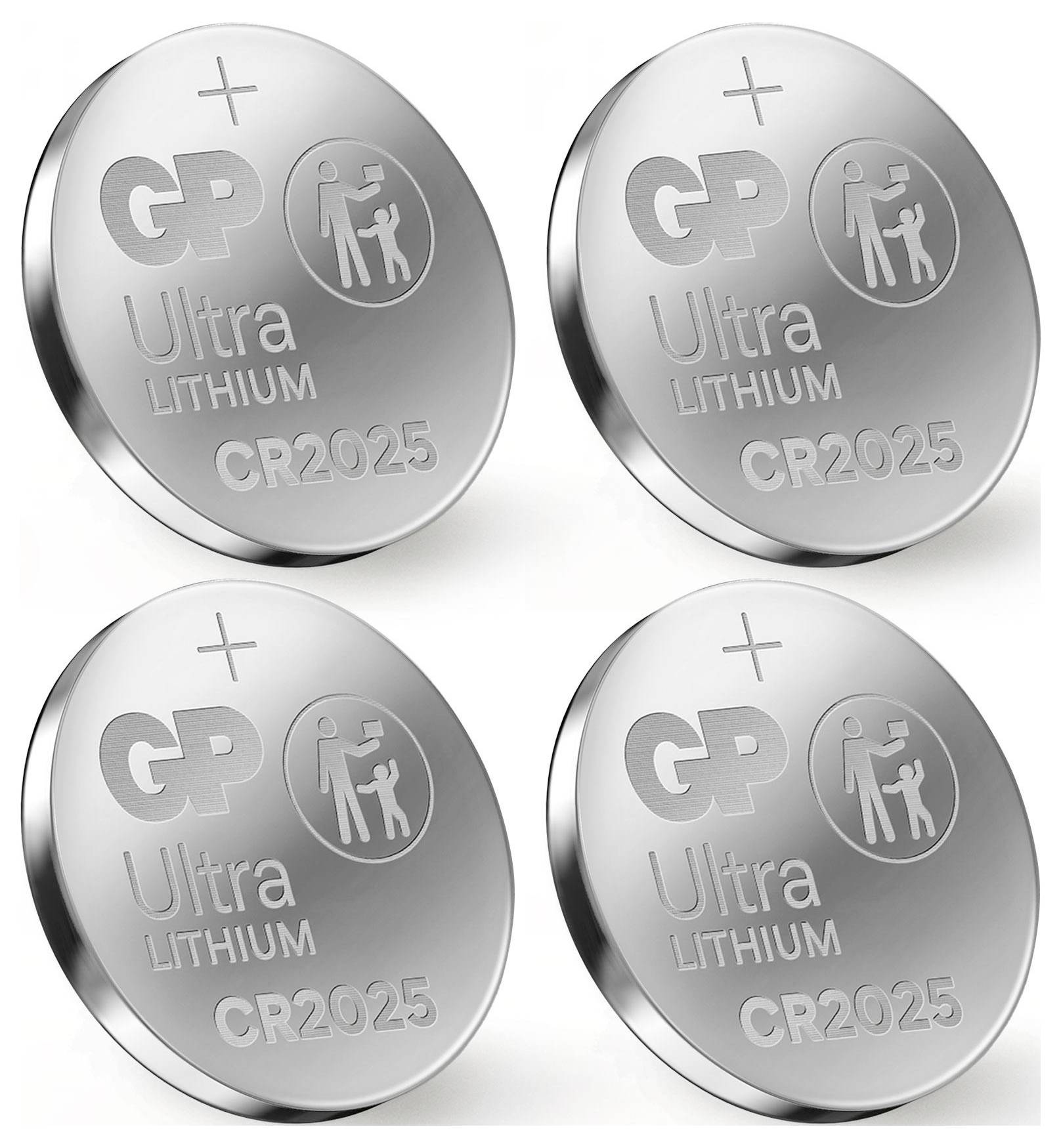 Čtyři kulaté lithiové baterie CR2025 Ultra od GP, každá s indikací kladného a záporného pólu. Ideální pro malá elektronická zařízení.