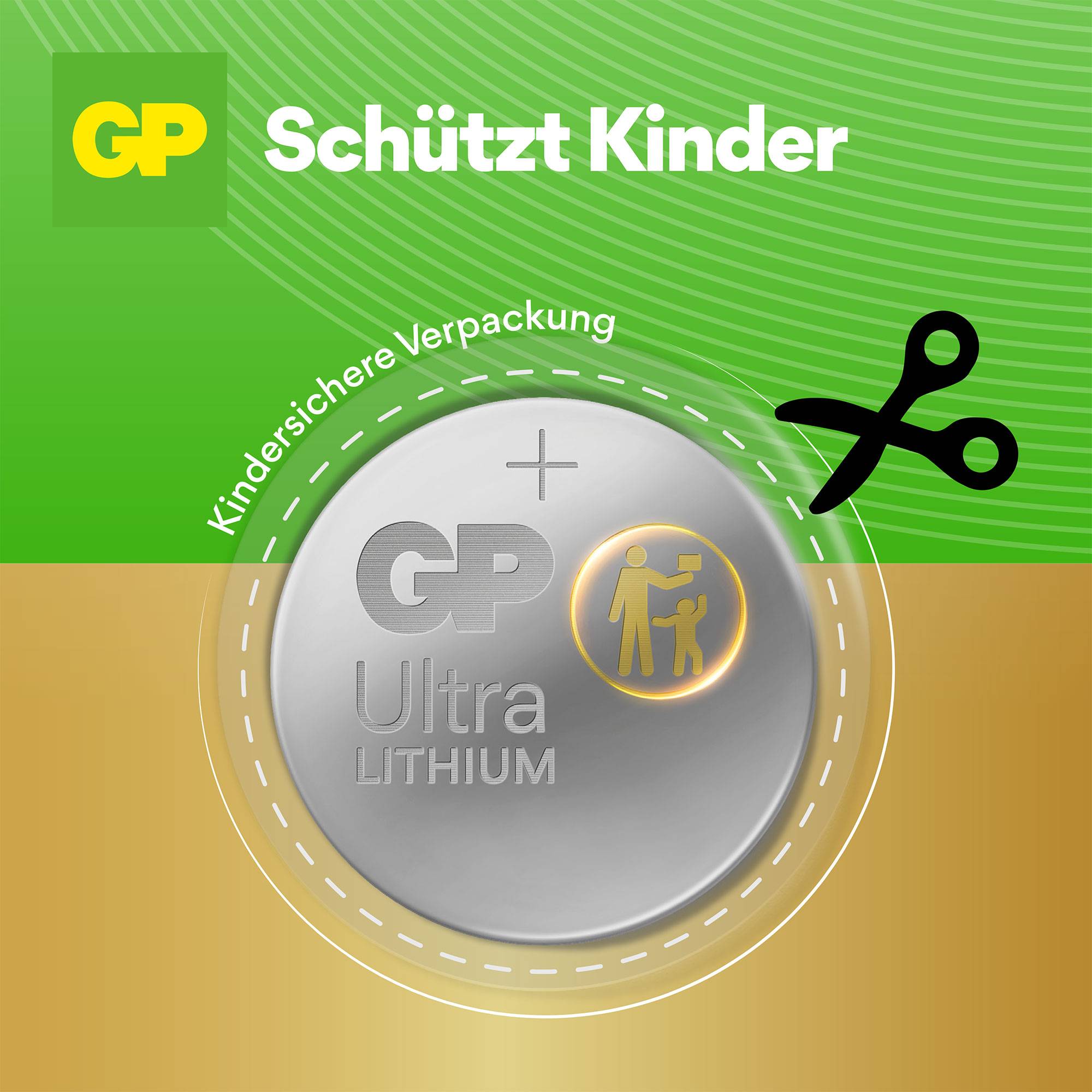 Obal odolný vůči dětem a symbol nůžek. Zobrazuje GP Ultra lithiovou baterii s textem "Chrání děti" na zeleném pozadí.