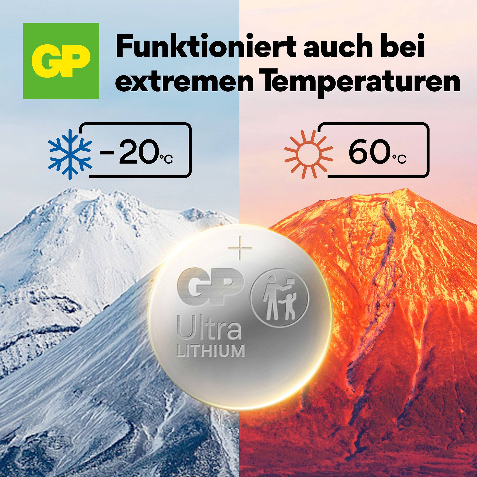 GP Ultra lithiová baterie funguje i při extrémních teplotách: od -20°C do 60°C. Obrázek ukazuje zasněžený a vulkanický kopec.