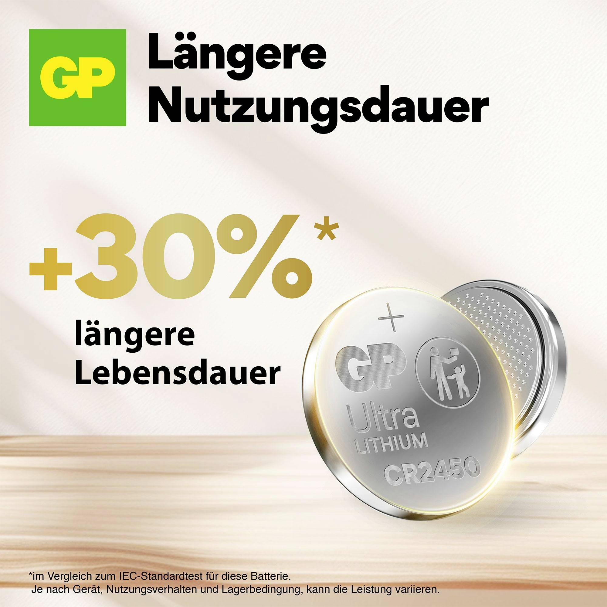 Reklama na lithiové baterie GP Ultra CR2450 s 30% delší výdrží ve srovnání s IEC standardem.