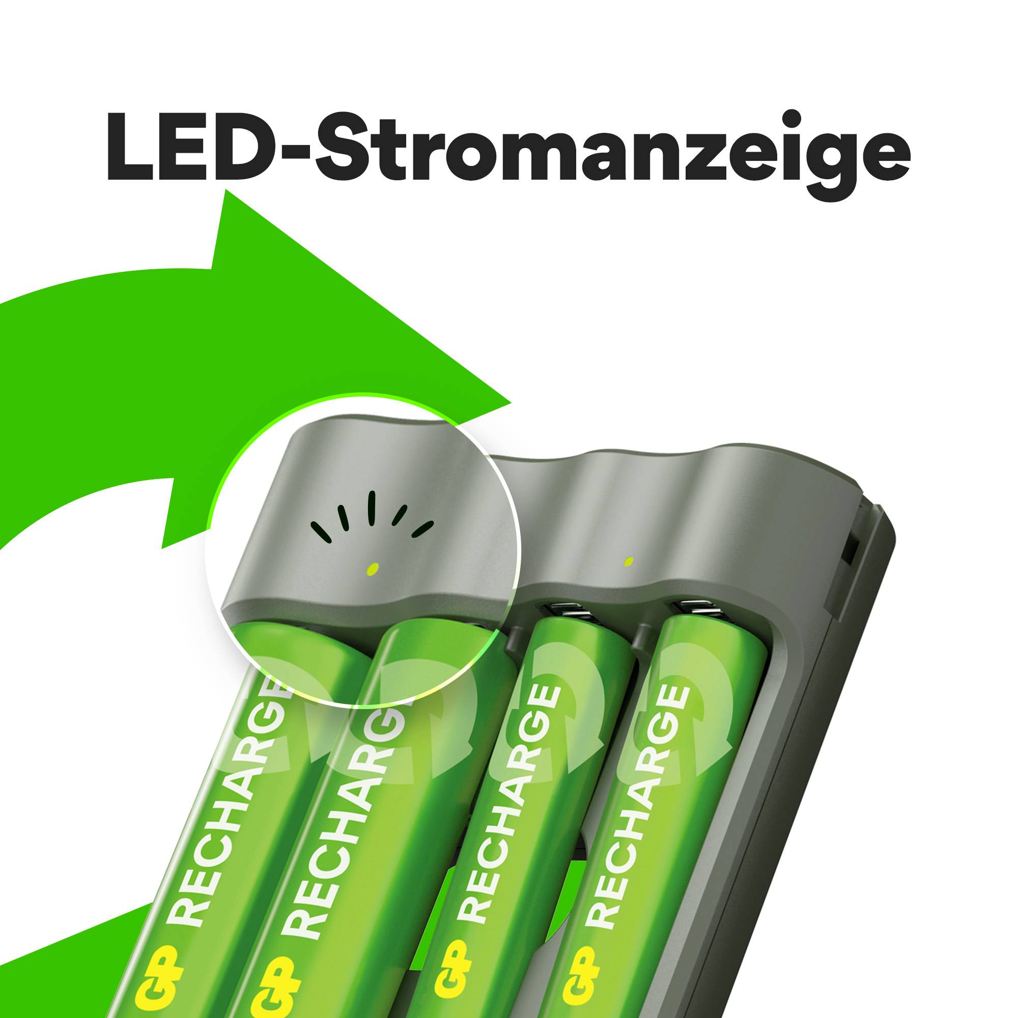 Nabíječka se čtyřmi zelenými dobíjecími bateriemi, LED indikátor svítí zeleně a signalizuje průběh nabíjení baterií.