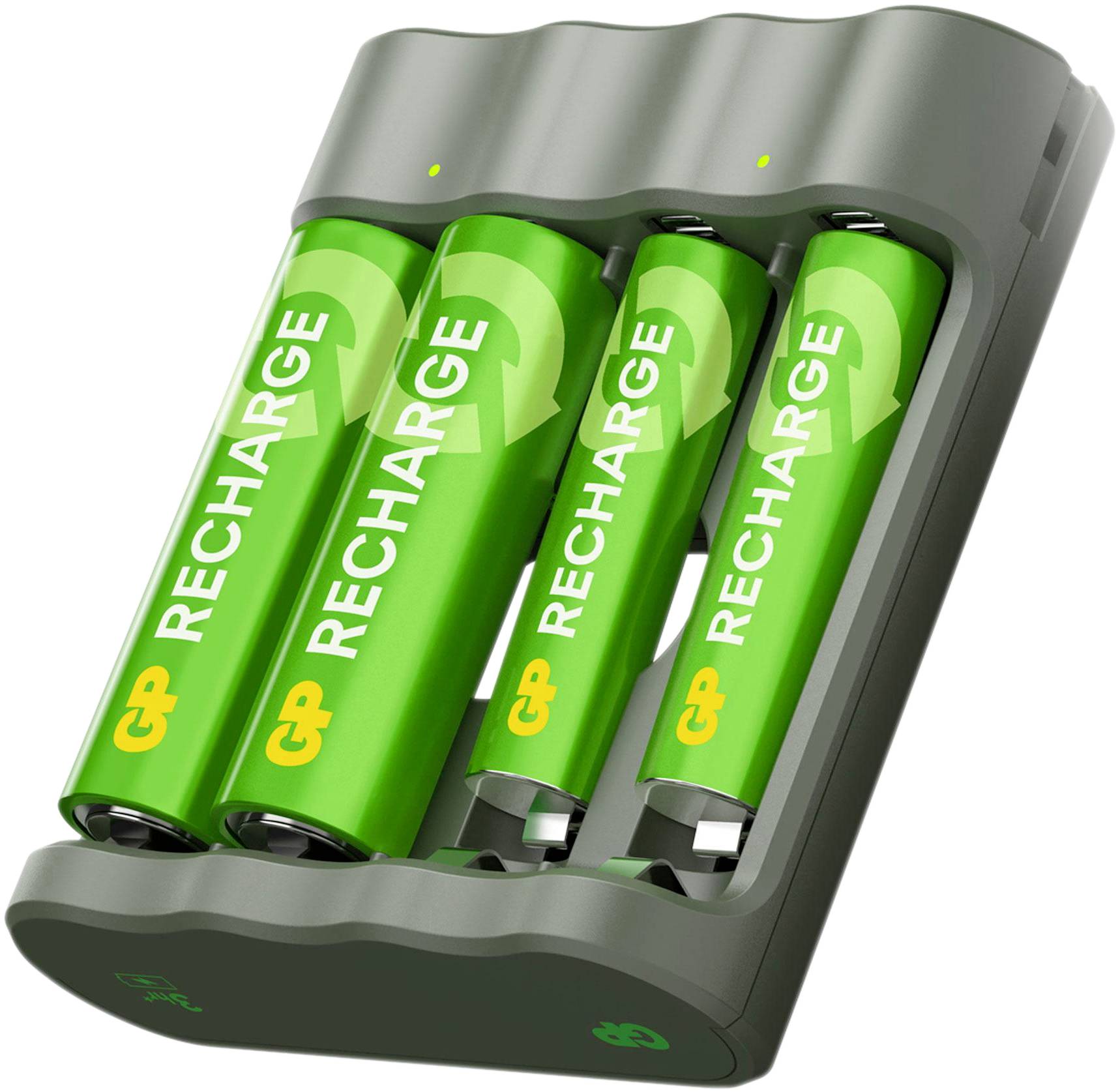 Čtyři zelené dobíjecí baterie jsou umístěny v nabíjecí stanici. Na bateriích je nápis 'RECHARGE' a symbol recyklace.