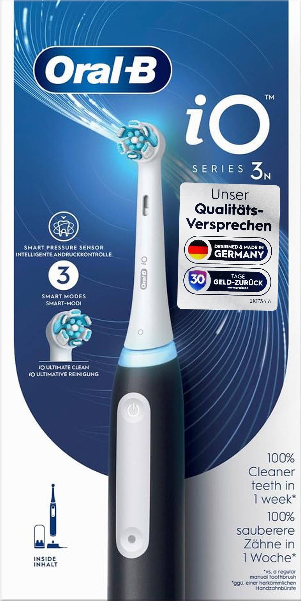 Elektrická zubní kartáček Oral-B iO Series 3, zobrazuje kartáček, pečeť kvality, 3 čisticí režimy a text '100% čistší zuby za 1 týden'.