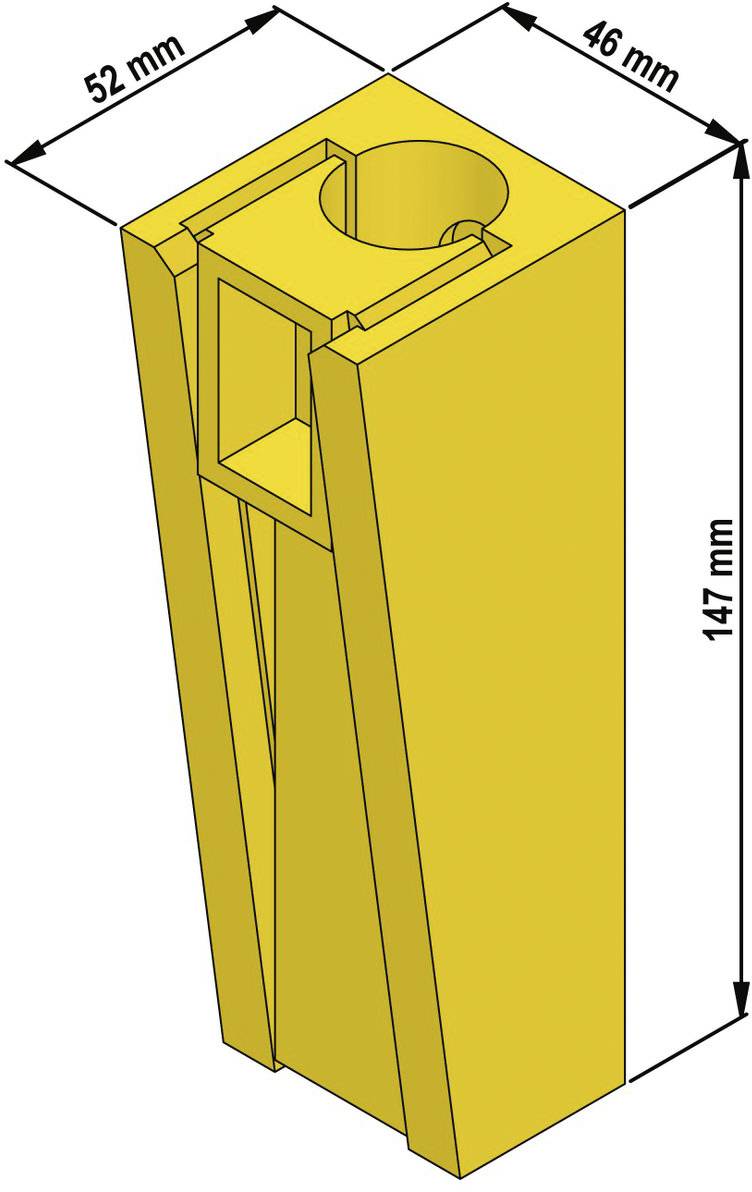 Žlutý, vertikální 3D konstrukční díl s obdélníkovým průřezem, 147 mm vysoký, 52 mm široký, 46 mm hluboký, s centrálním kulatým výřezem.