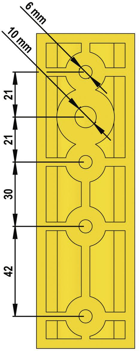 Žlutý technický výkres obdélníkové mřížky s kruhy, čarami a rozměry: 6 mm, 10 mm, 21 mm, 30 mm, 42 mm.