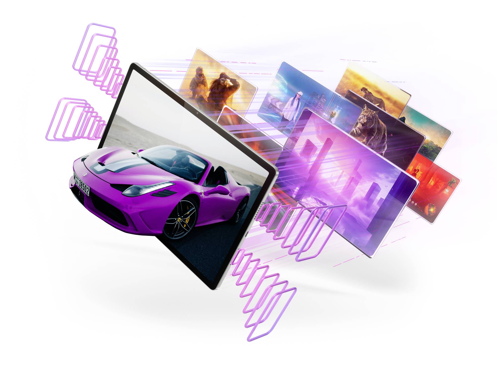 Různobarevné obrázky a růžové auto jako by vystupovaly z obrazovky tabletu, znázorňující digitální média.